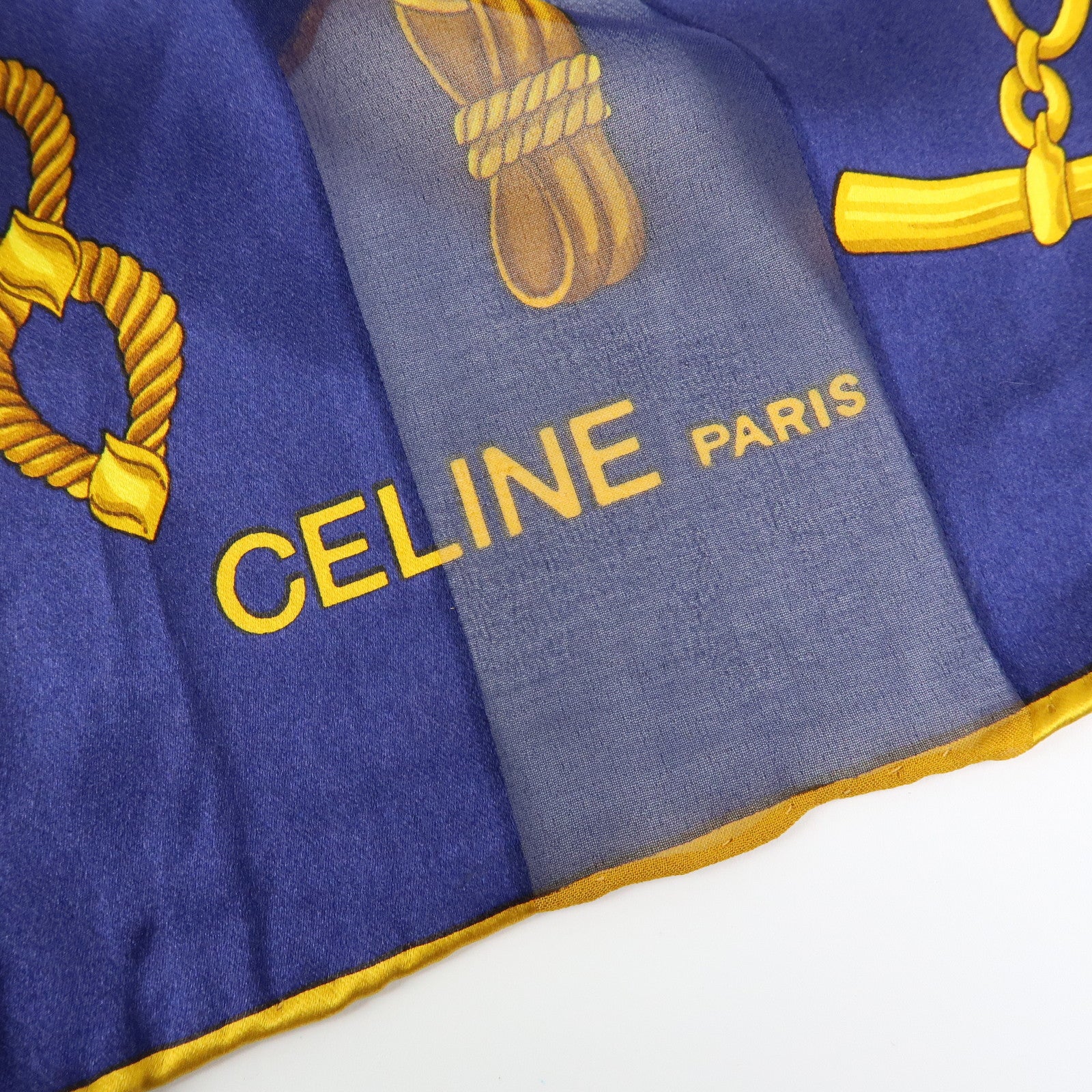 CELINE Silk 100% Chiffon Scarf Gold Chain Motif Navy Gold