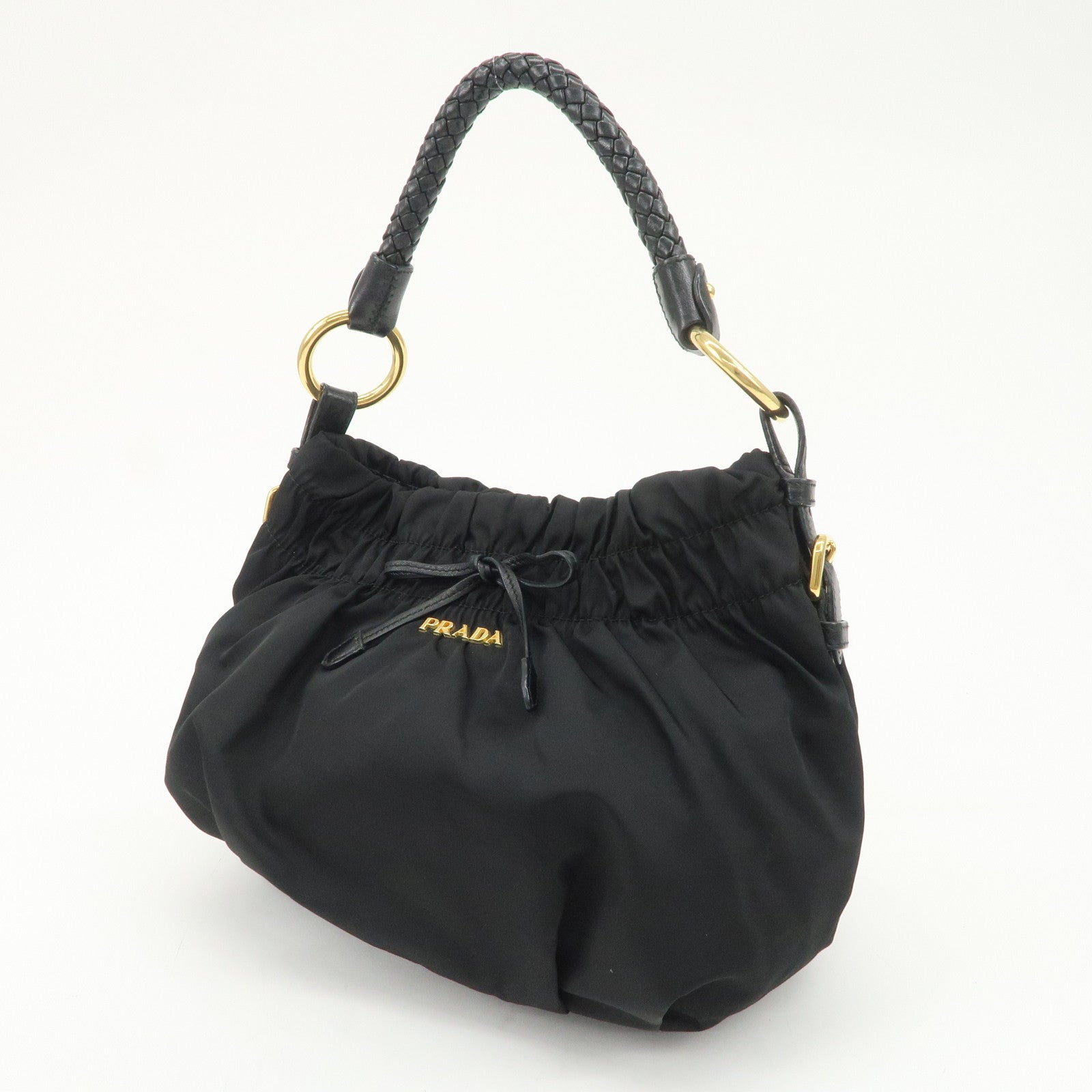 PRADA Nylon Leather Gathered Ribbon Shoulder Bag Hand Bag BR4237