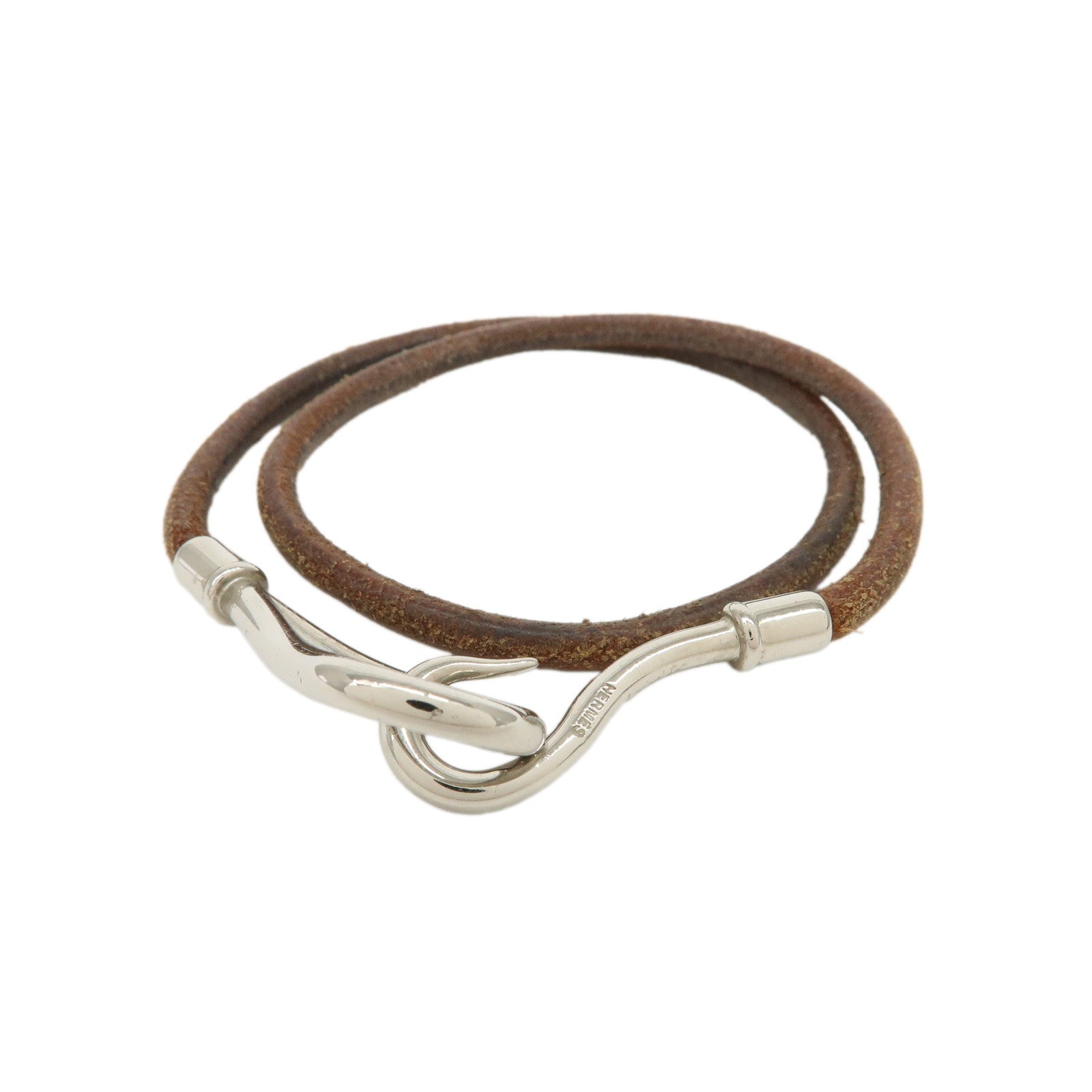 HERMES Leather Metal Jumbo Choker Bracelet Brown Silver