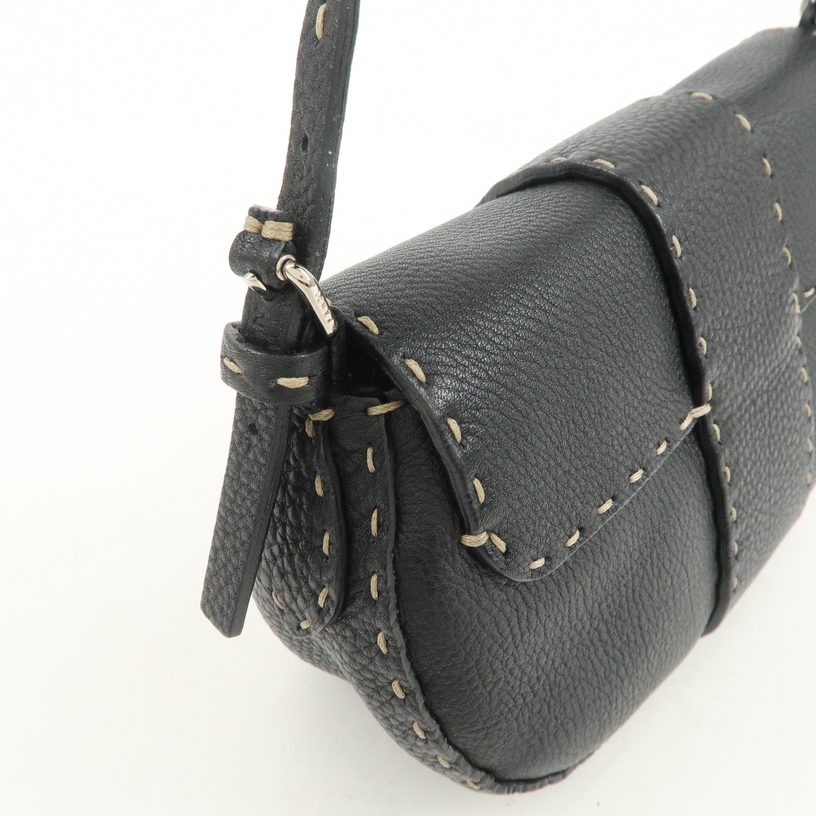 FENDI Seleria Leather Hand Bag Shoulder Bag Black 8BR430