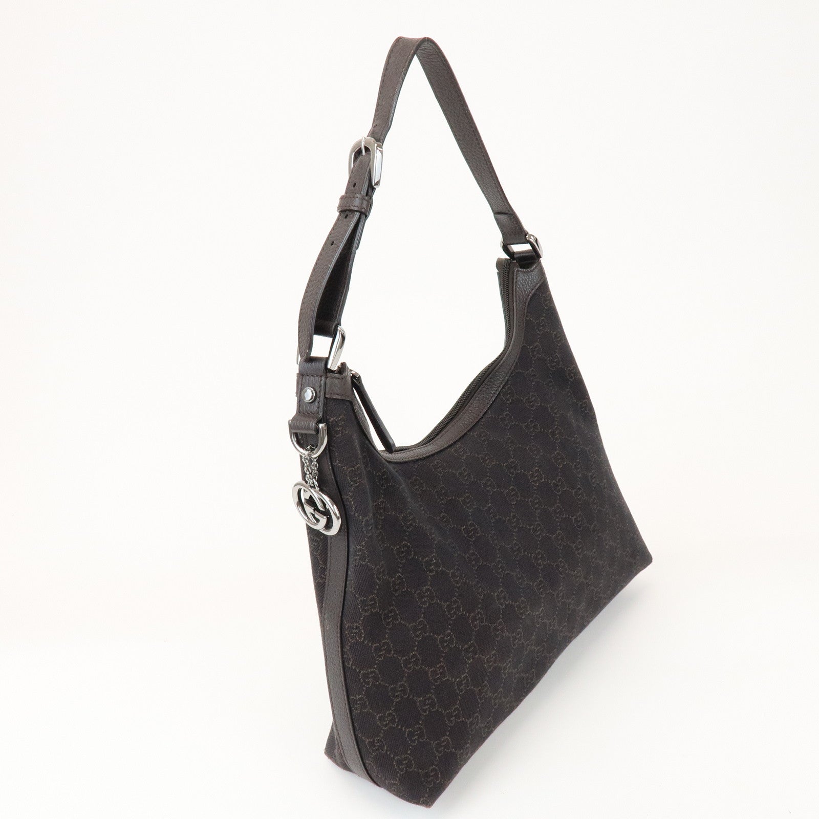 GUCCI Interlocking G Leather GG Denim Shoulder Bag Brown 339553