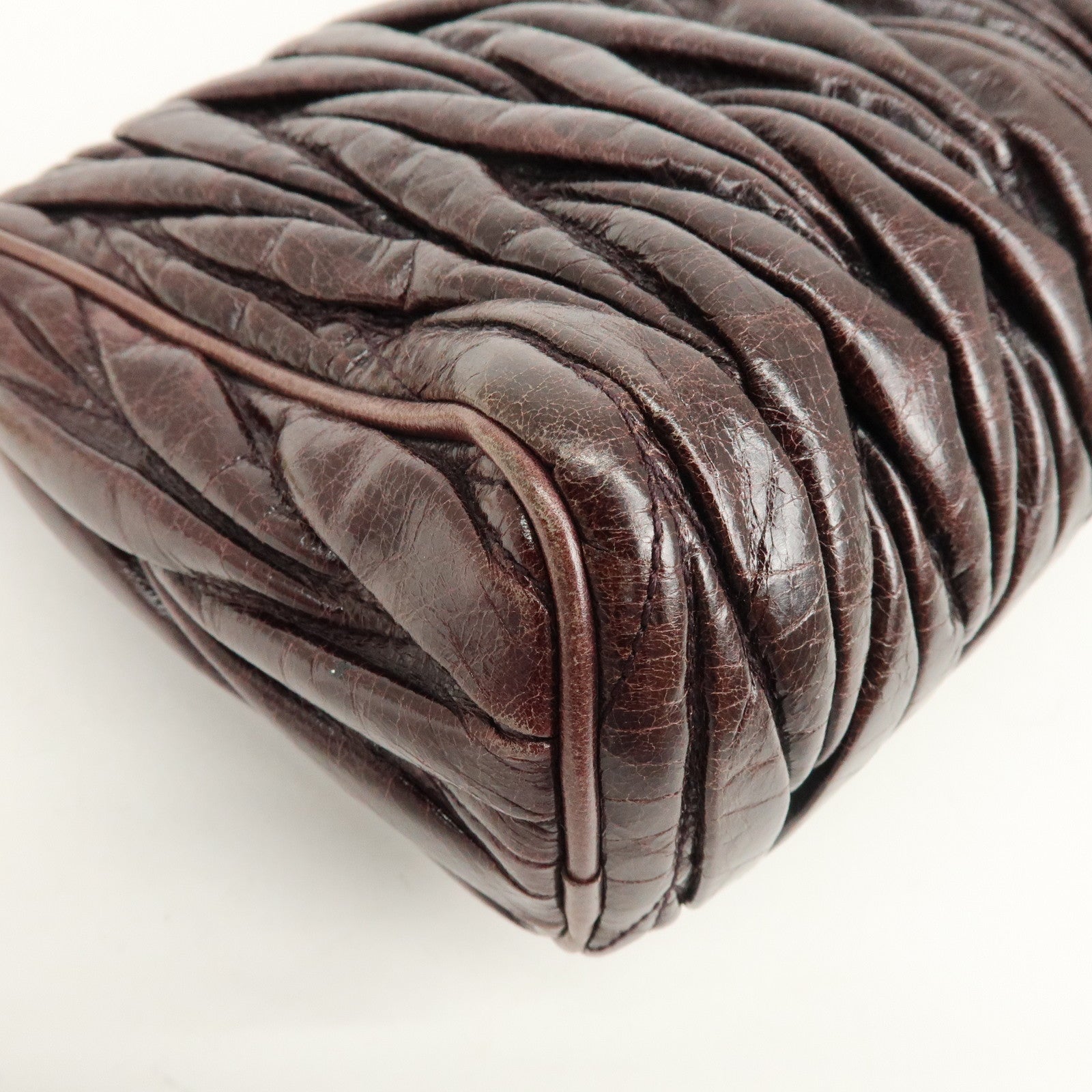 MIU MIU Matelasse Gathered Leather Hand Bag Brown