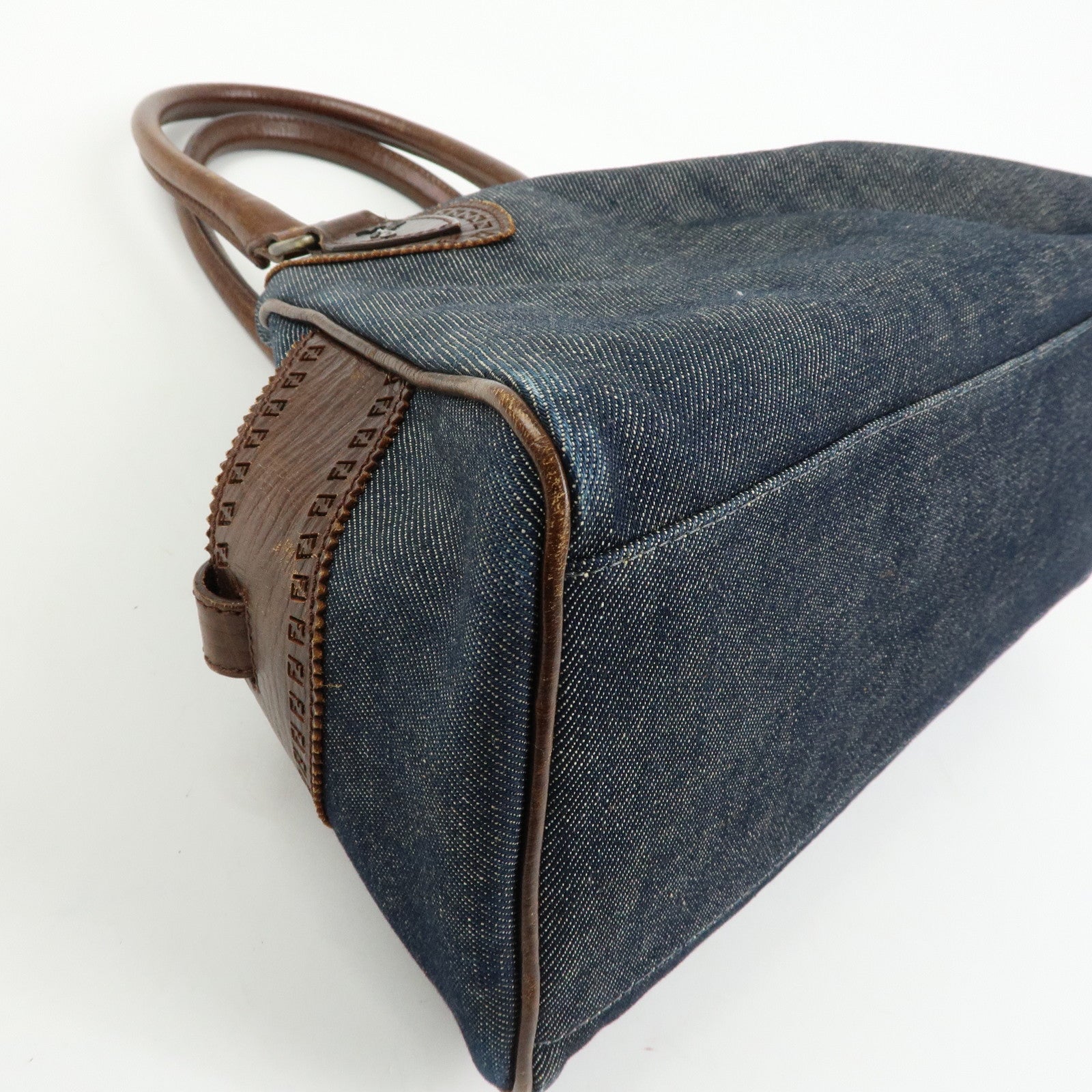 FENDI Etnico Denim Leather Tote Bag Shoulder Bag Blue Brown 8BN157