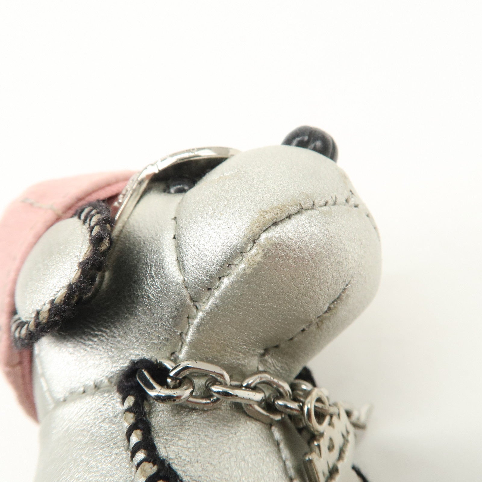 MCM Dog Motif Leather Bag Charm Key Chain Silver Pink