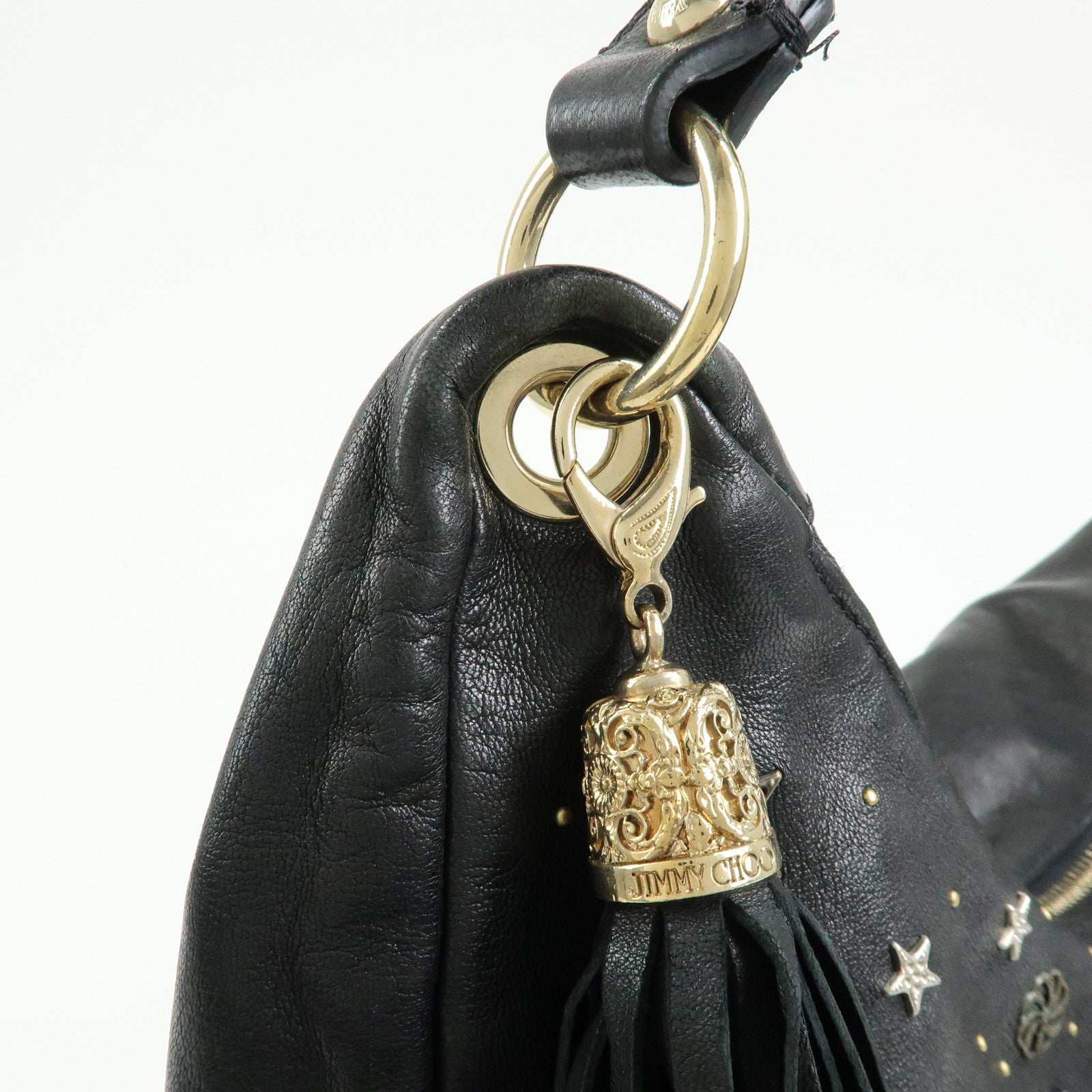 JIMMY CHOO Zodiac Leather Studs Shoulder Bag Hand Bag Black
