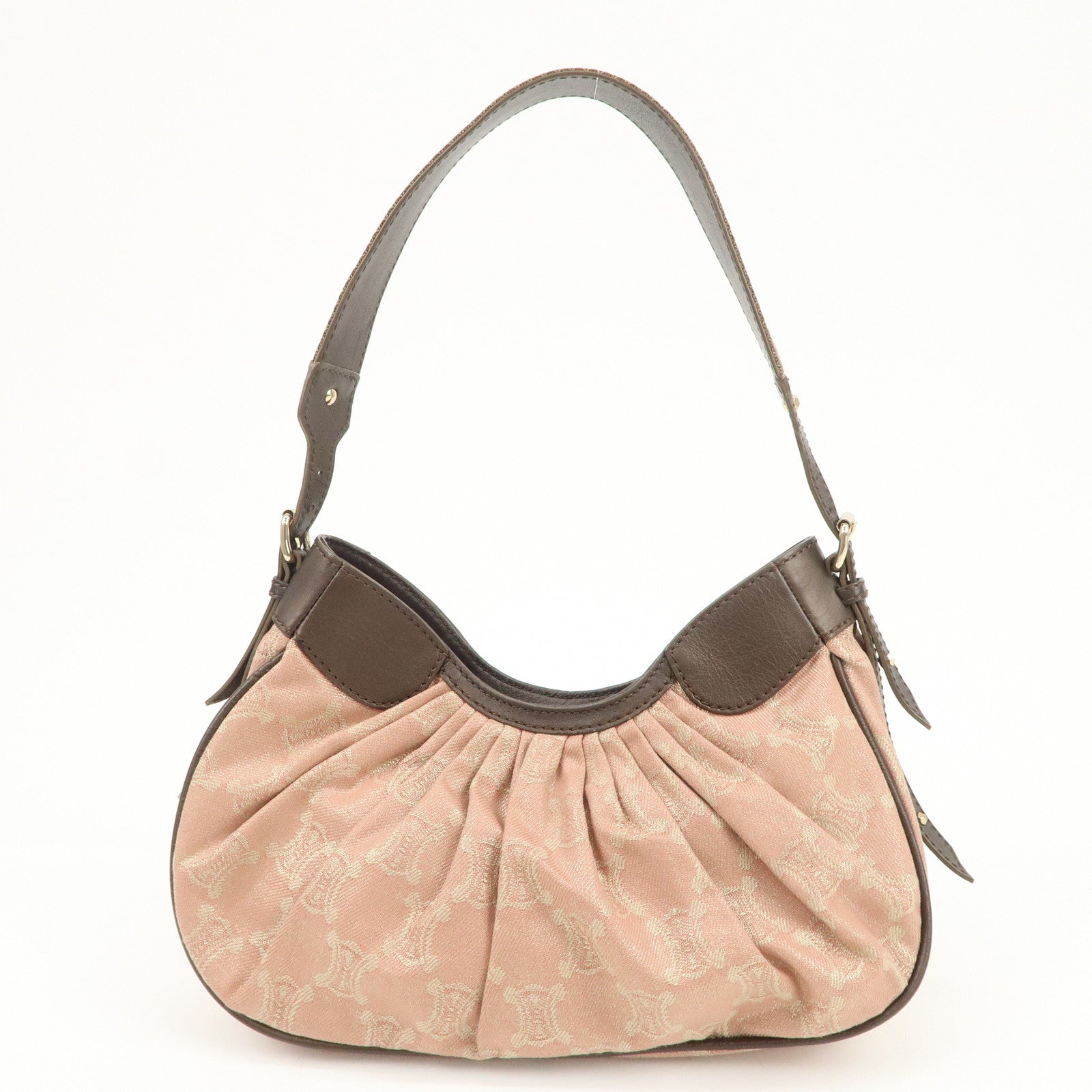 CELINE Macadam Canvas Leather Nylon Velour Shoulder Bag Pink Brown