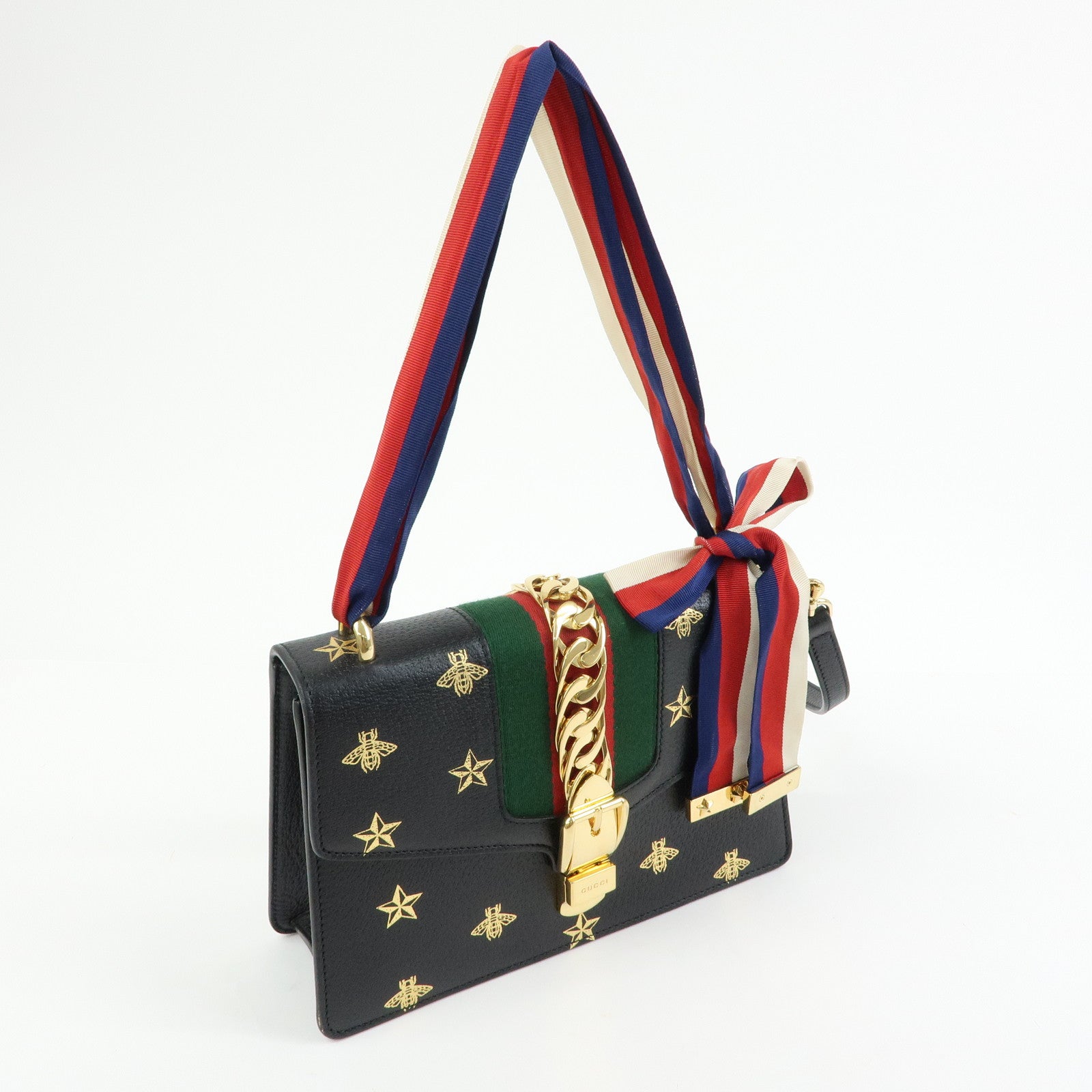 GUCCI Sylvie Sherry Leather Shoulder Bag Black Bee & Star 524405