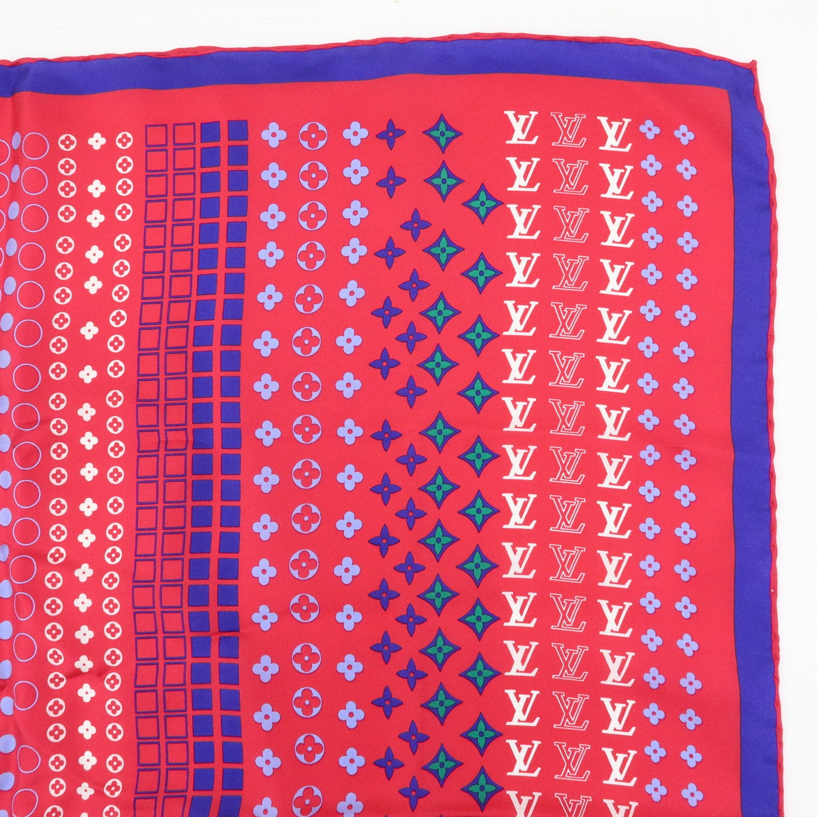 Louis Vuitton Monogram Silk 100% Scarf Geometric Pattern Pink Blue
