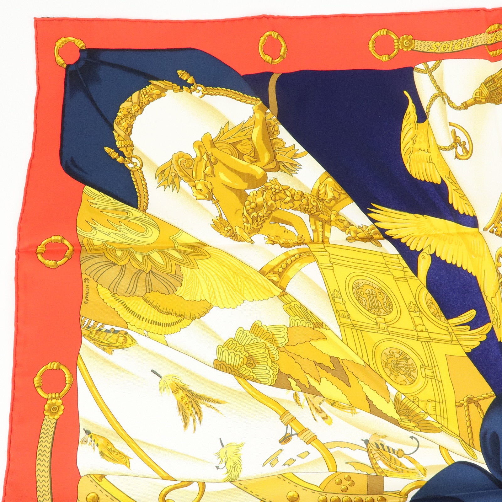 HERMES Carre 90 Silk 100% Soleil de Soie Scarf Gold Navy Red