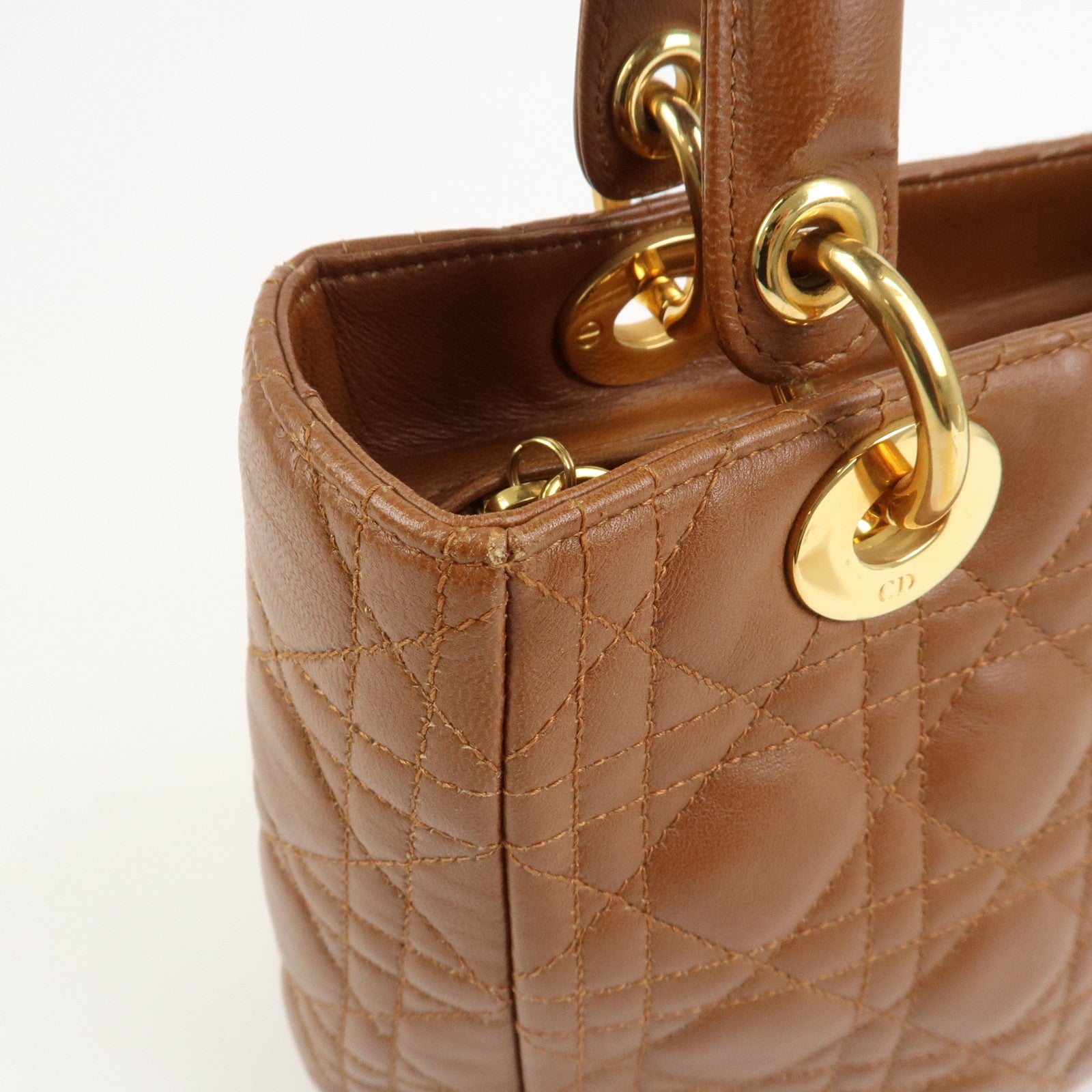 Christian Dior Canage Lady Dior Lamb Skin Hand Bag Tote Bag Brown