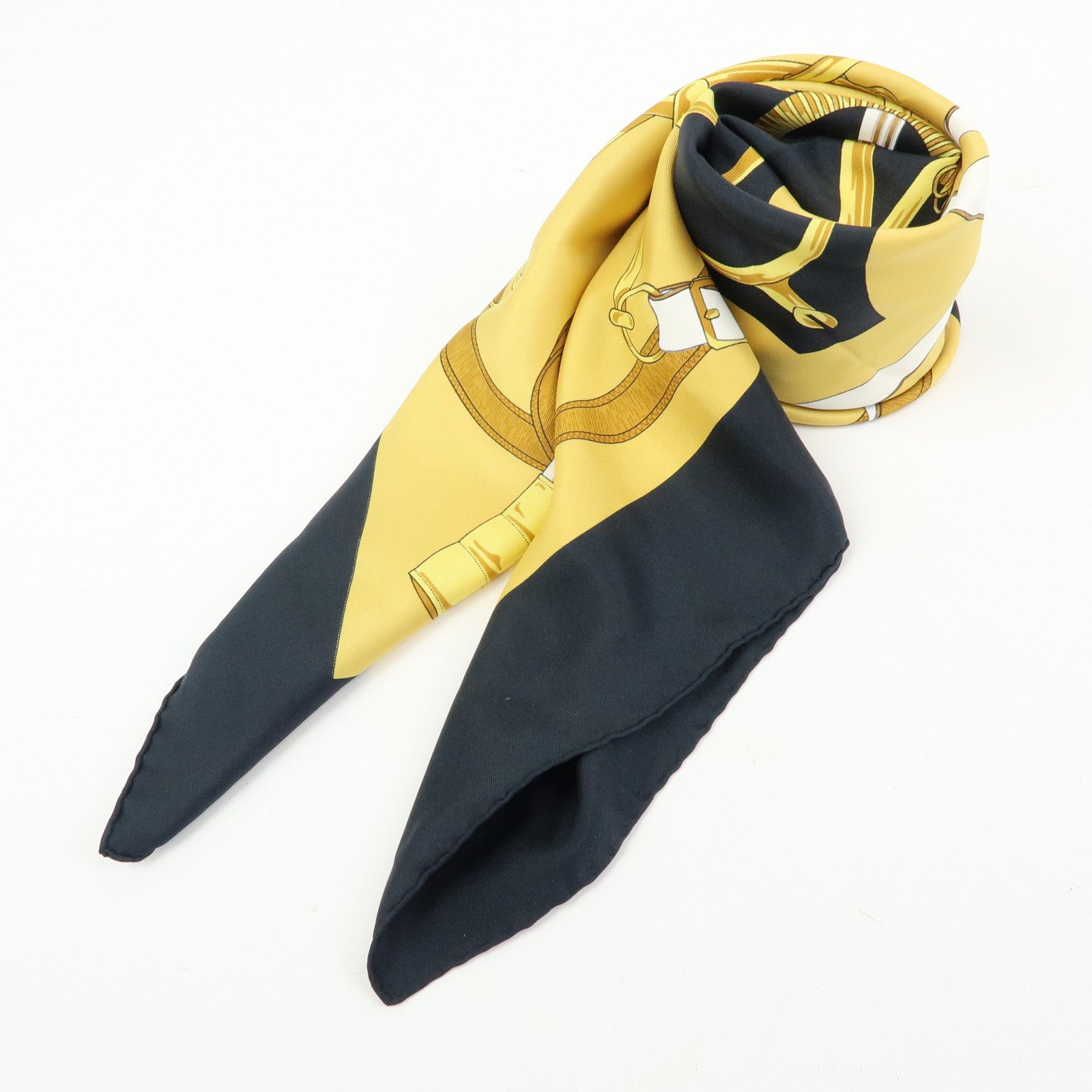 HERMES Carre 90 Silk 100% Eperon d'or Scarf White Navy