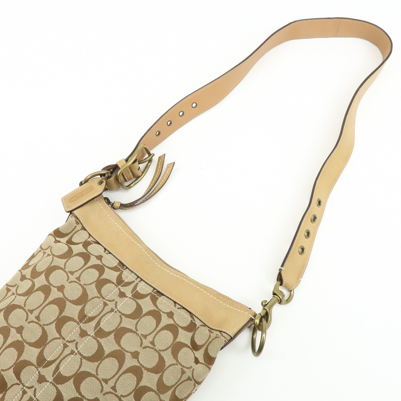 COACH Signature Set of 2 Canvas Leather Shoulder Bag Beige Camel