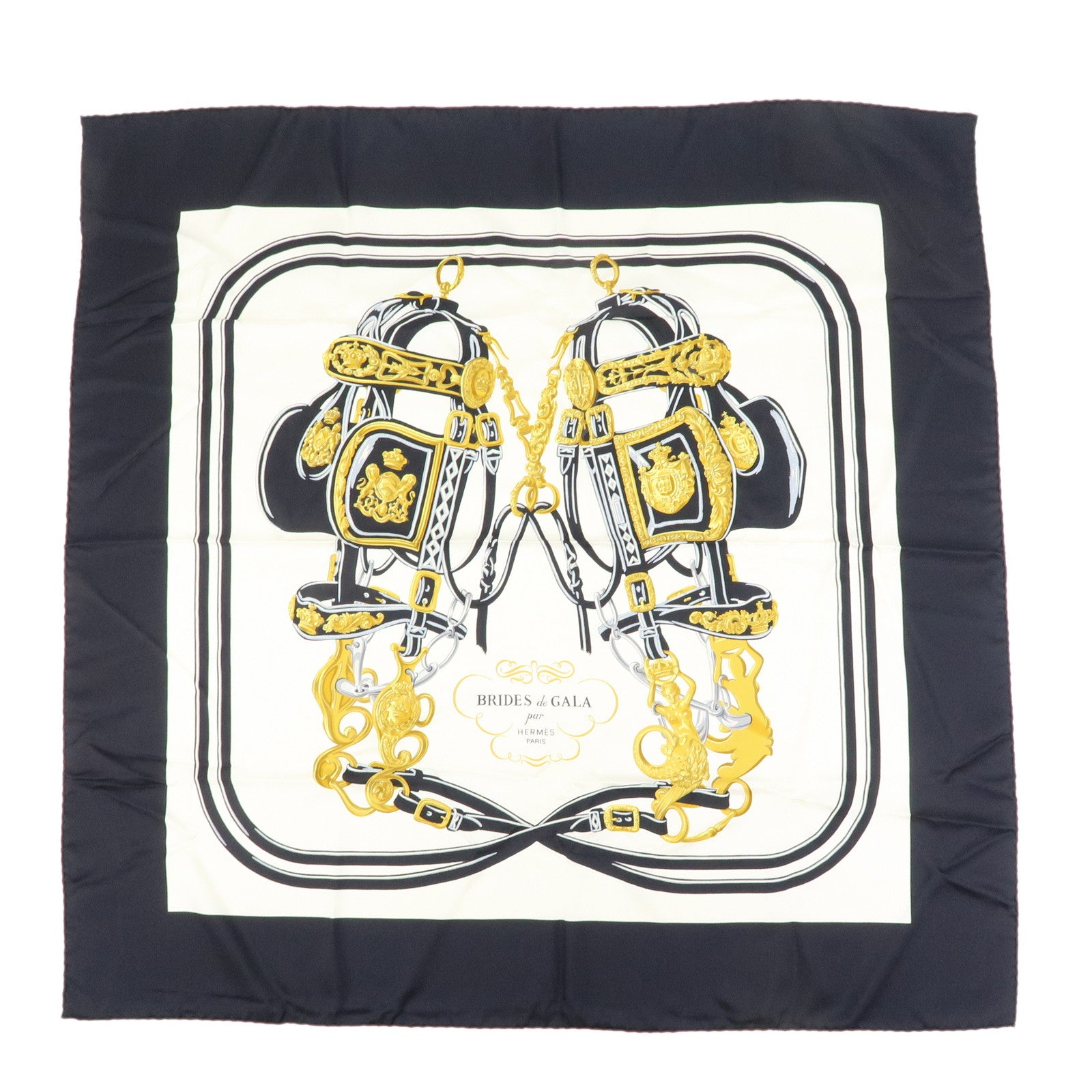 HERMES Carre 90 Silk 100% BRIDES DE GALA Scarf Black White Gold