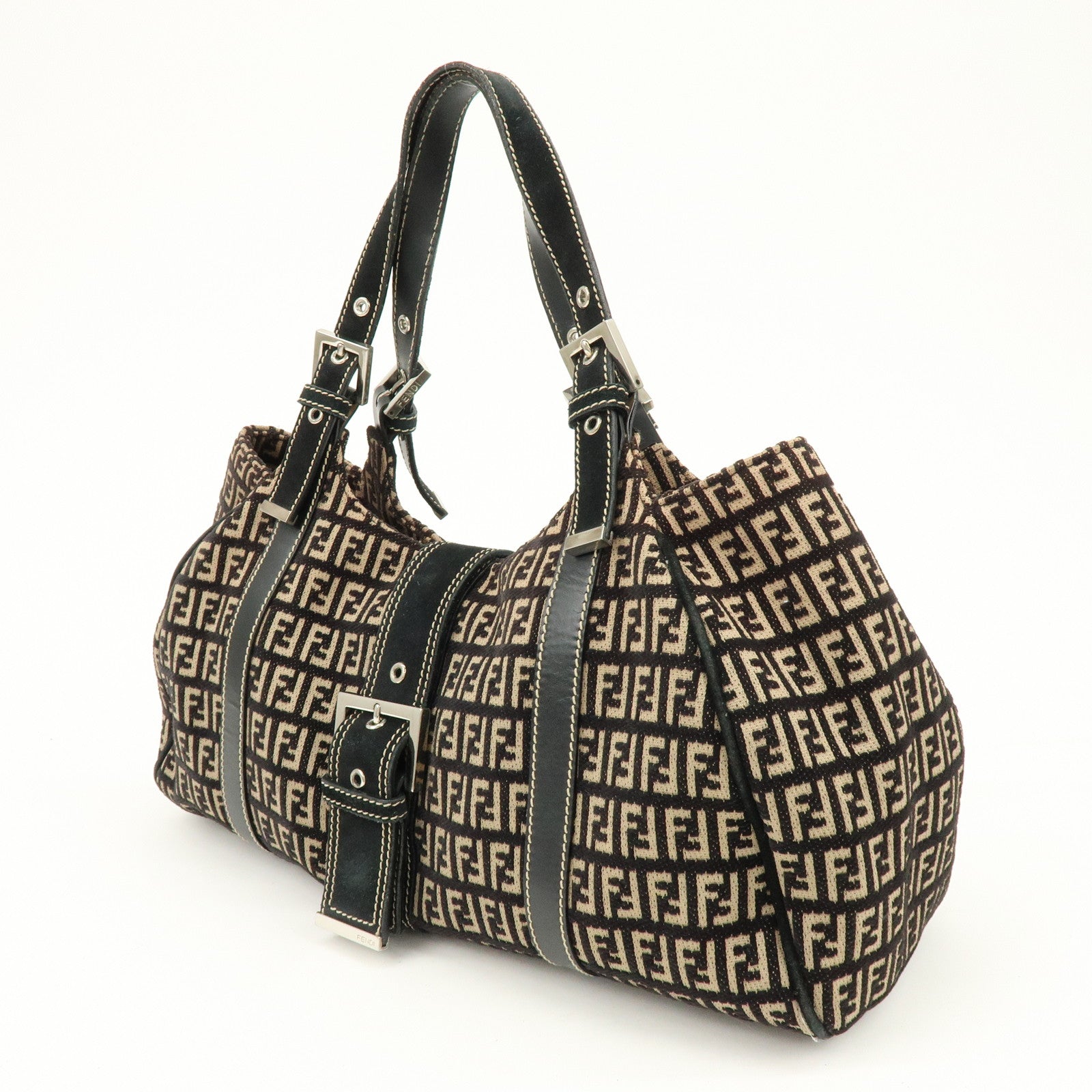 FENDI Zucchino Canvas Suede Leather Tote Bag Black Beige 8BR091