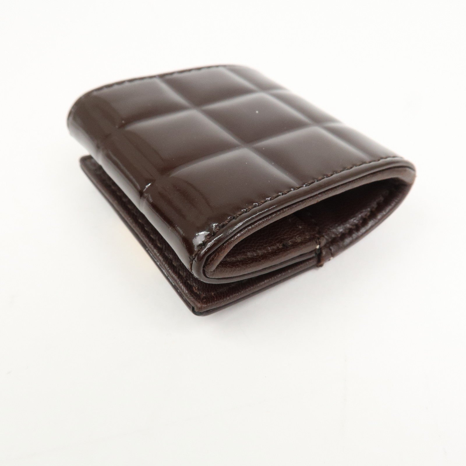 CHANEL Chocolate Bar Patent Leather Coin Case Coin Purse Brown