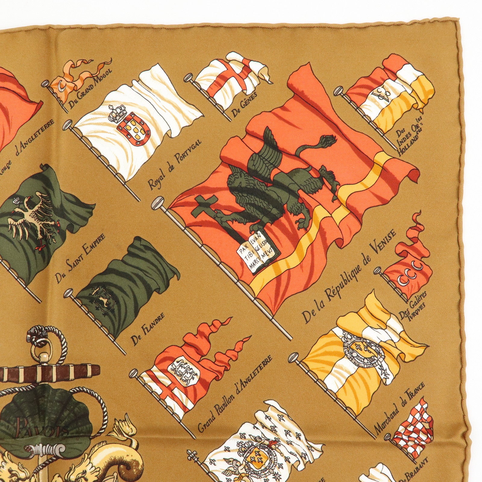 HERMES Carre 45 Silk 100% Scarf PAVOIS Brown Multicolor