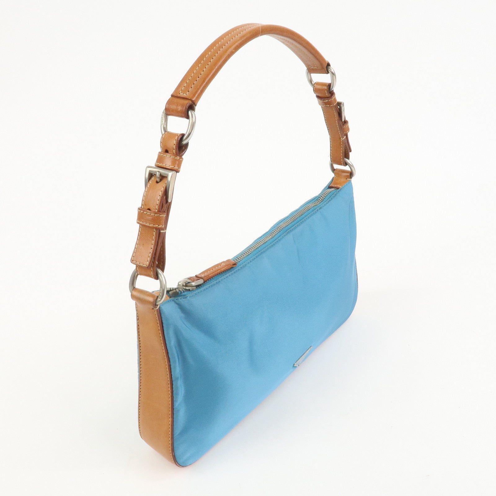 PRADA Triangle Logo Nylon Leather Shoulder Bag Blue Brown BR2205