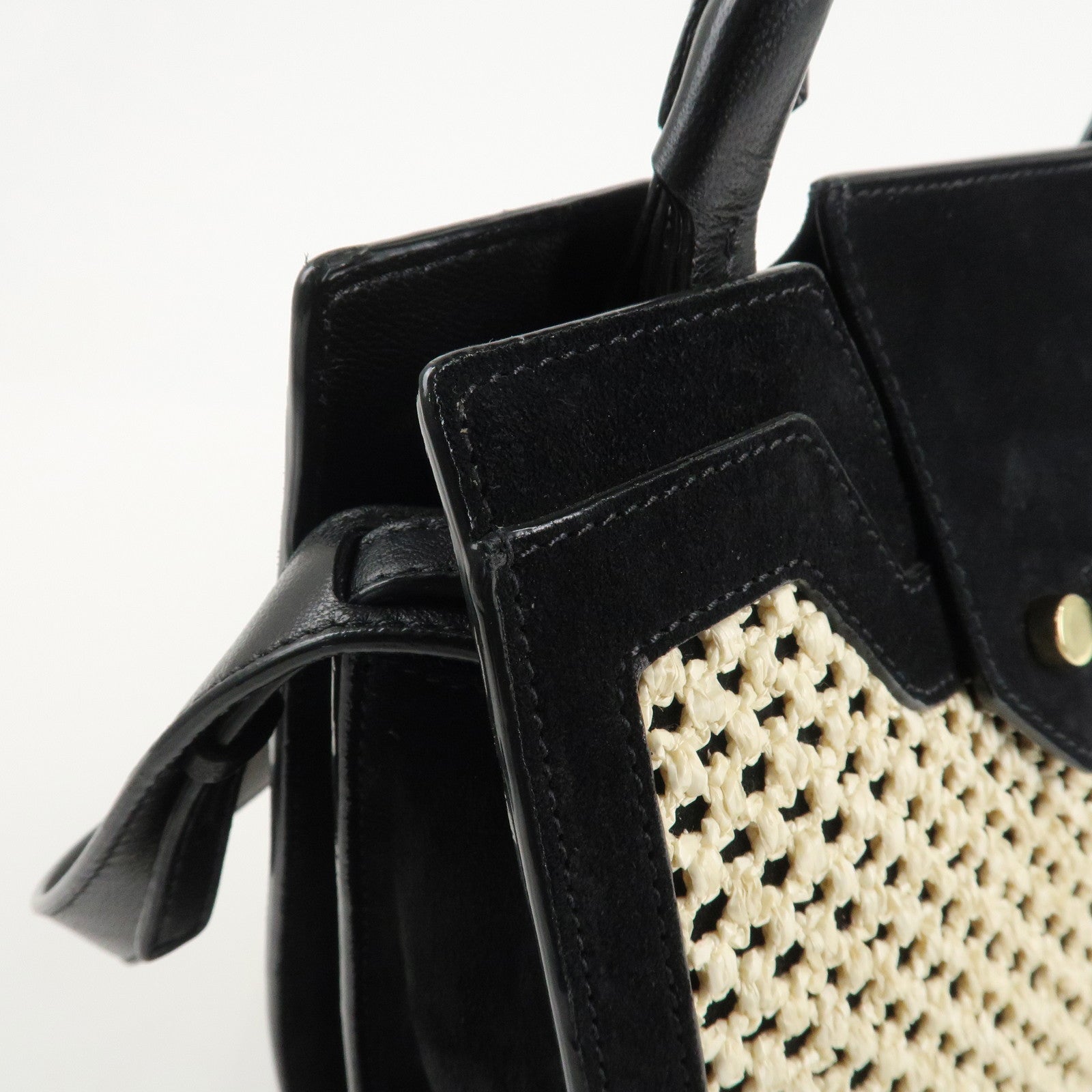 JIMMY CHOO Leather Suede Straw 2WAY Hand Bag Shoulder Bag Black Used