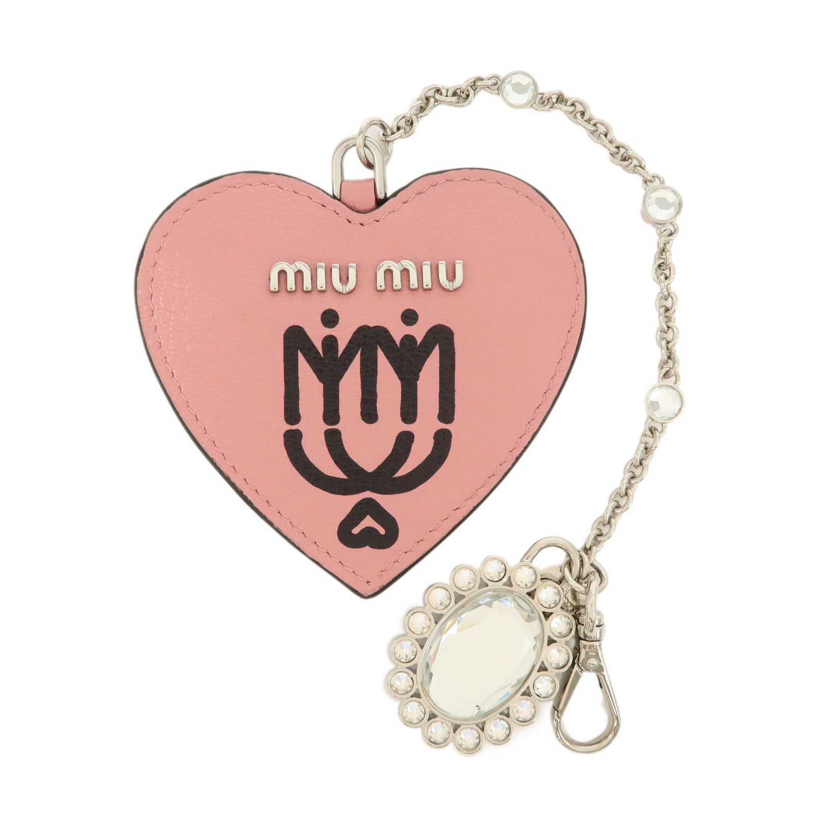 MIU MIU Leather Heart Motif Mirror Bag Charm Key Chain Pink 5TL376