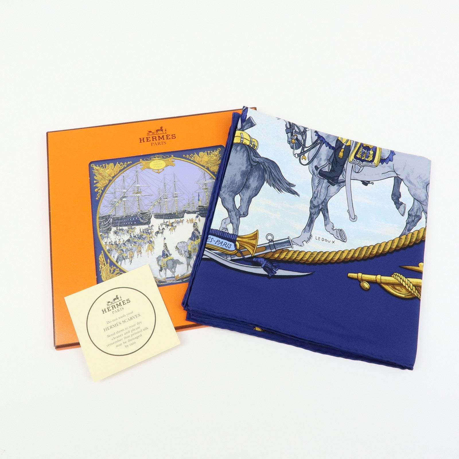HERMES Carre 90 Silk 100% MARINE ET CAVALERIE Scarf