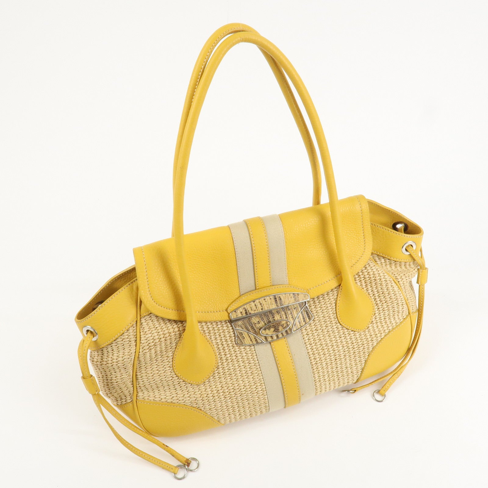 PRADA Triangle Logo Leather Raffia Tote Bag Beige Yellow Used