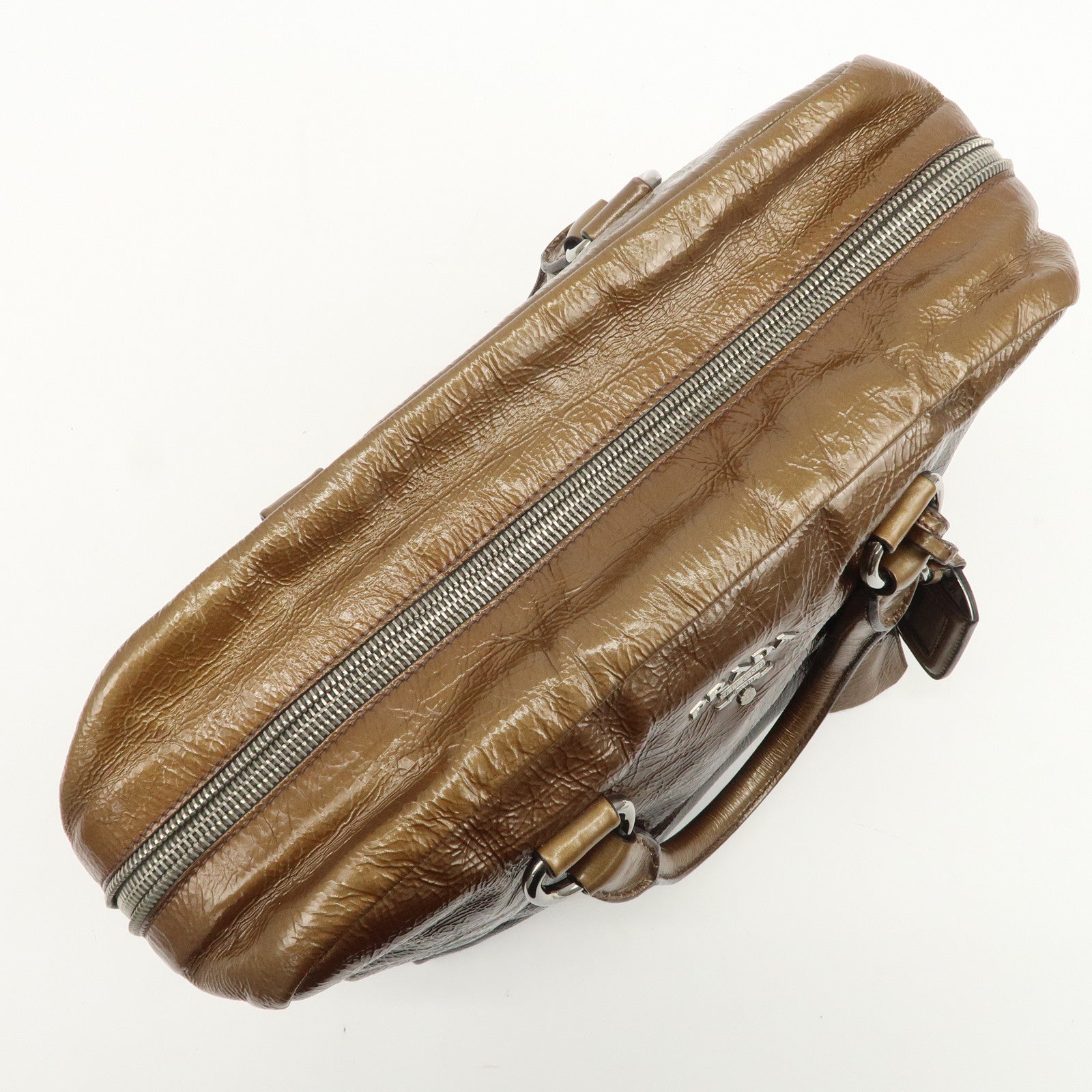 PRADA Logo Patent Leather Hand Bag Boston Bag Brown BL0555