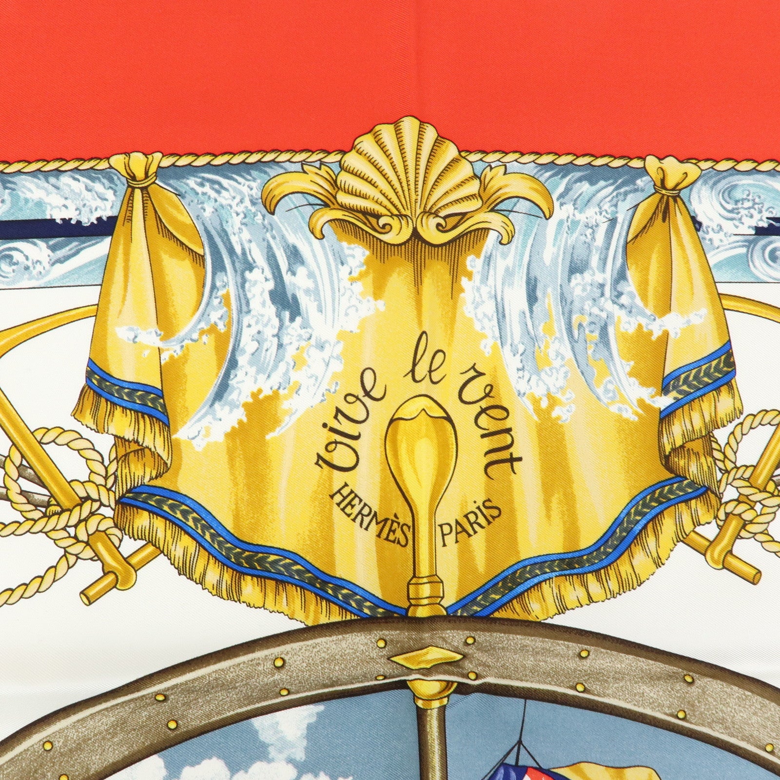 HERMES Carre 90 Silk 100% Scarf VIVE LE VENT Red White