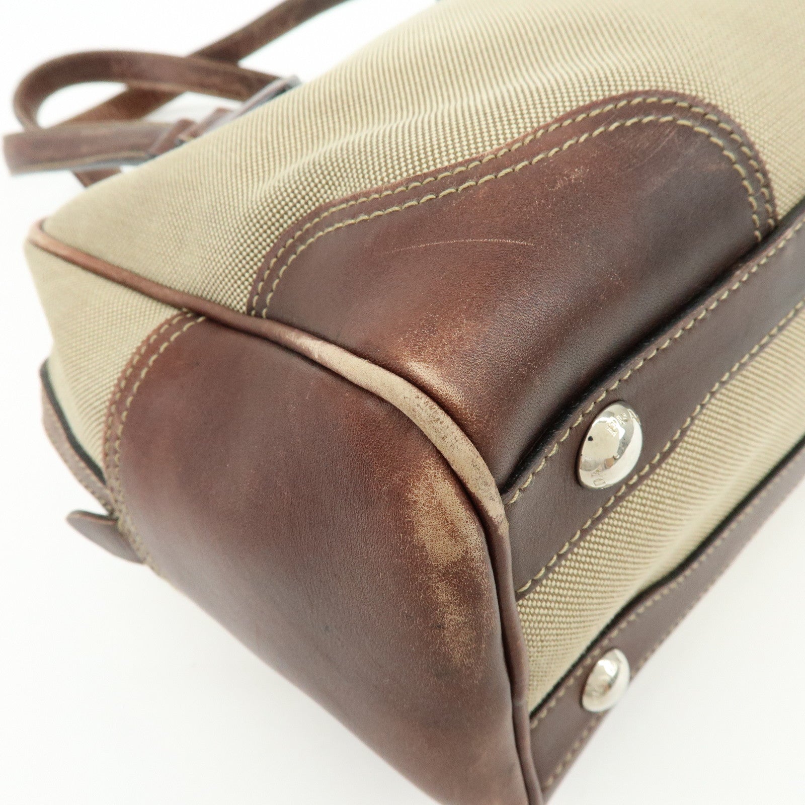 PRADA Leather Logo Jacquard Tote Bag Hand Bag Beige Brown