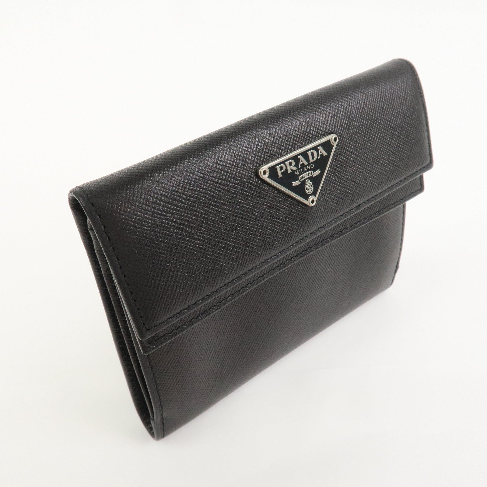 PRADA Triangle Logo Saffiano Leather Compact Wallet Black M53X