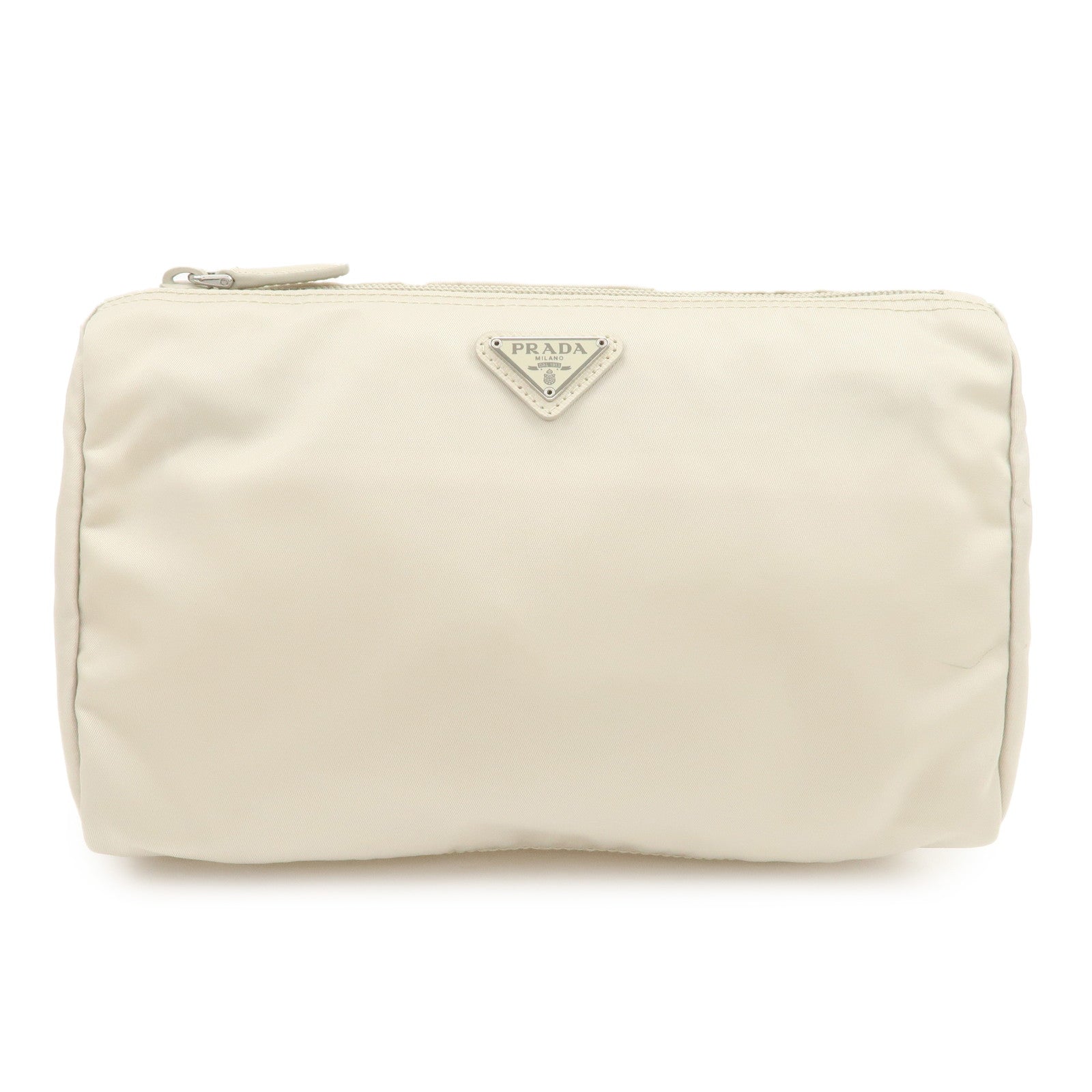 PRADA Triangle Logo Nylon Cosmetic Pouch Makeup Bag Ivory 1NA012