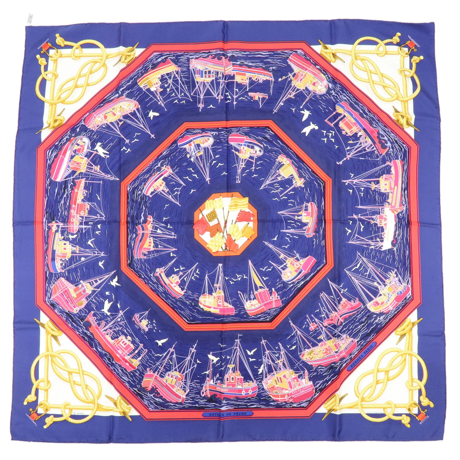 HERMES Carre 90 Silk100% Scarf RETOUR DE PECHE Blue Red Gold