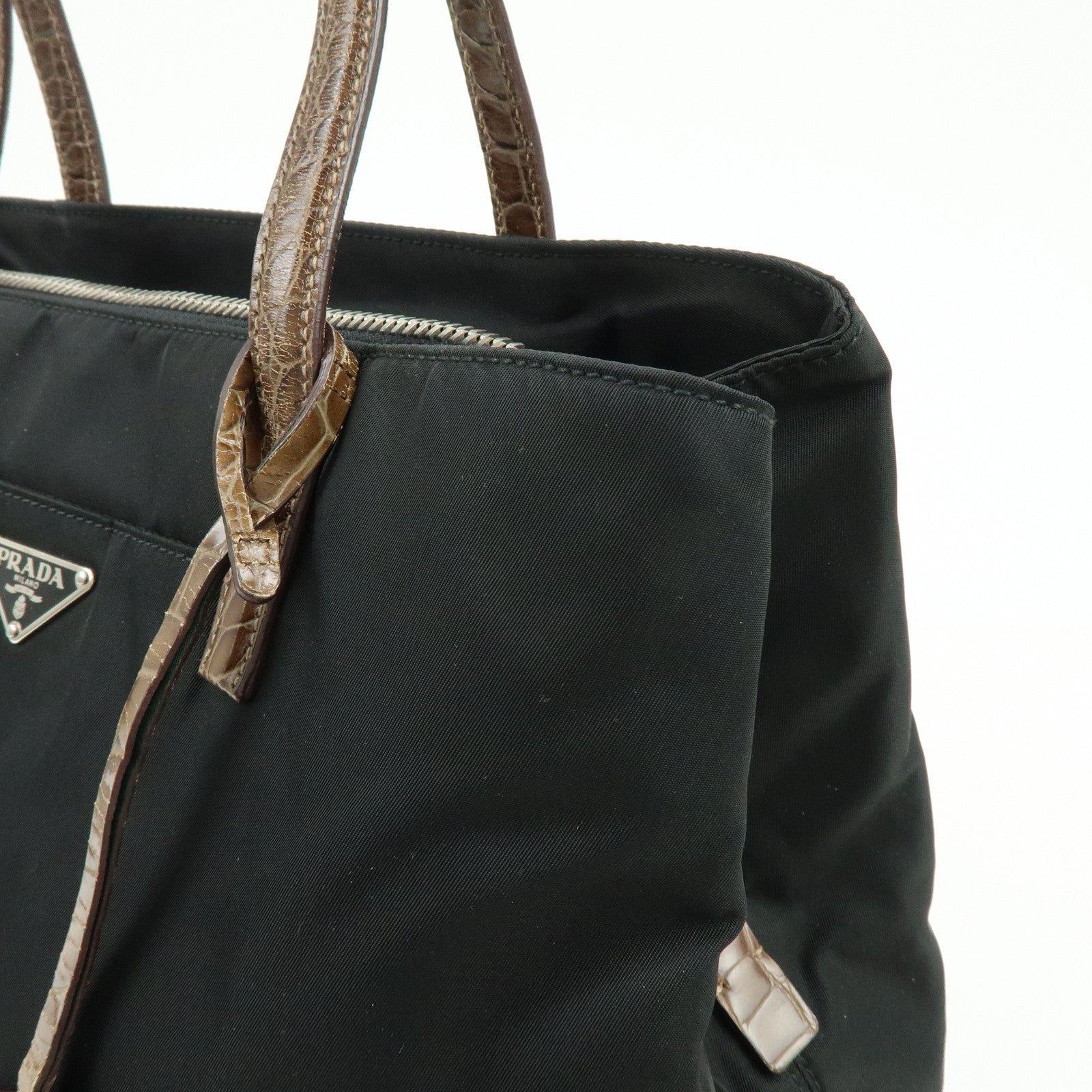 PRADA Triangle Logo Nylon Embossed Leather Tote Bag Black Brown
