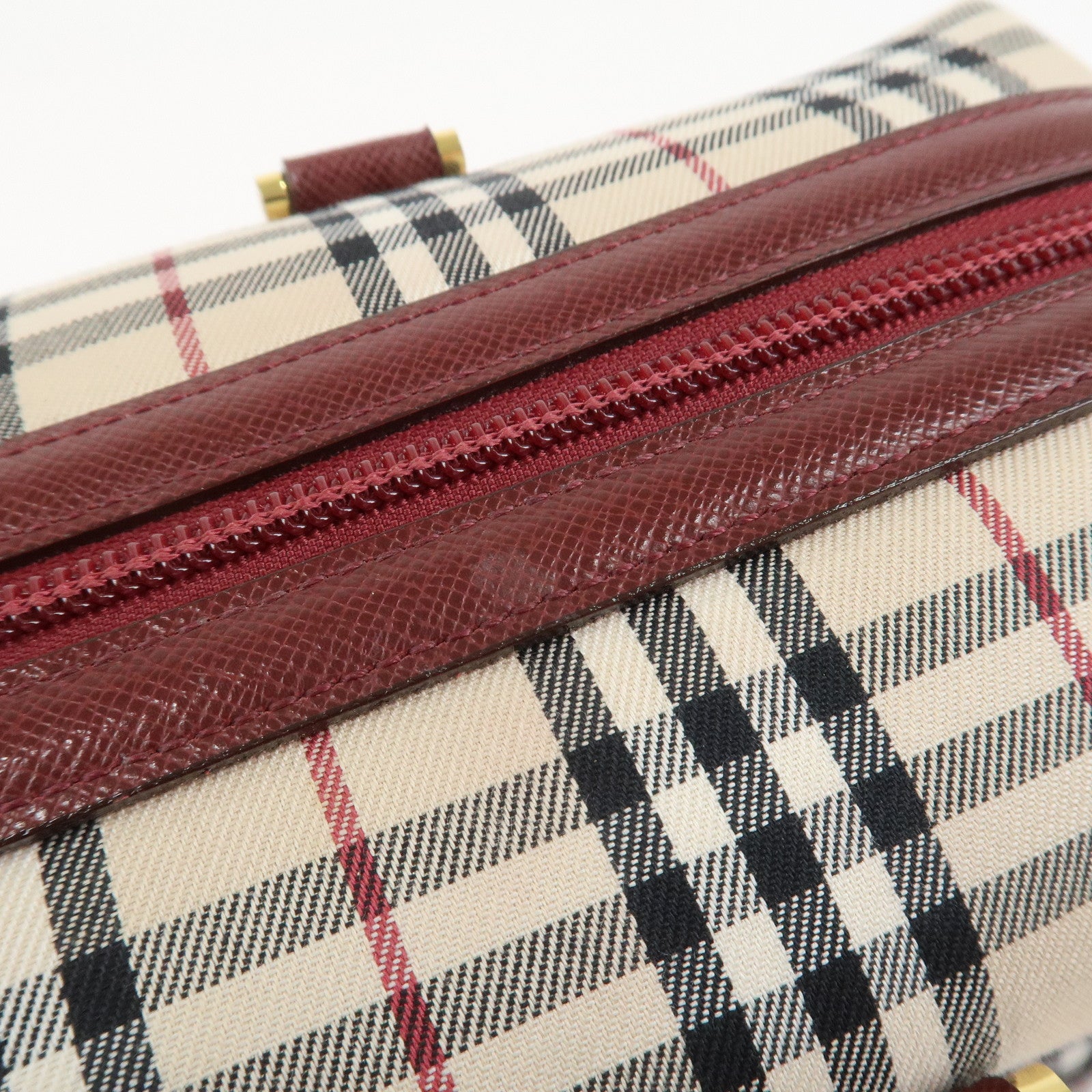 BURBERRY Nova Plaid Canvas Leather Shoulder Hand Bag Beige Bordeaux