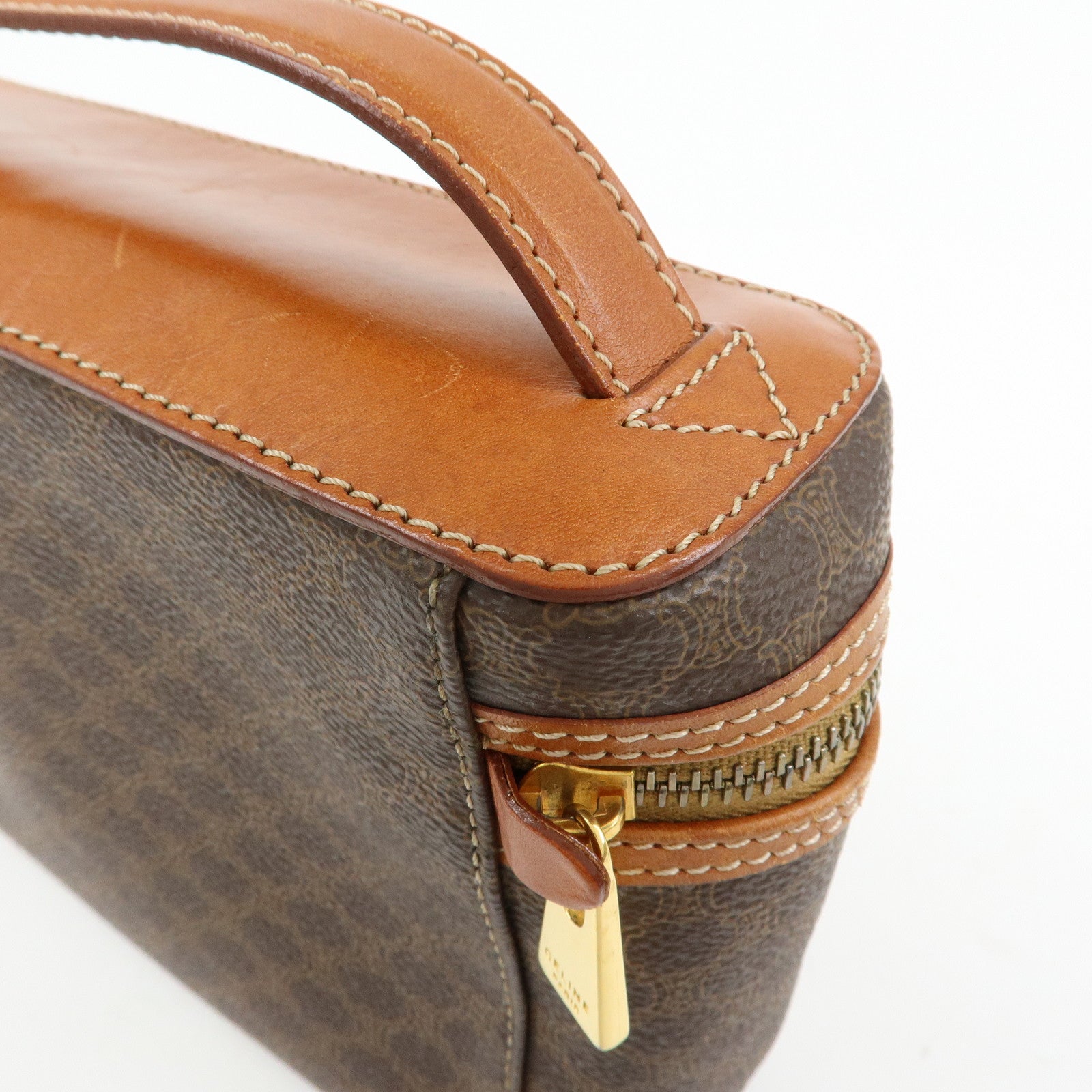 CELINE Macadam PVC Leather Vanity Hand Bag Makeup Bag Brown