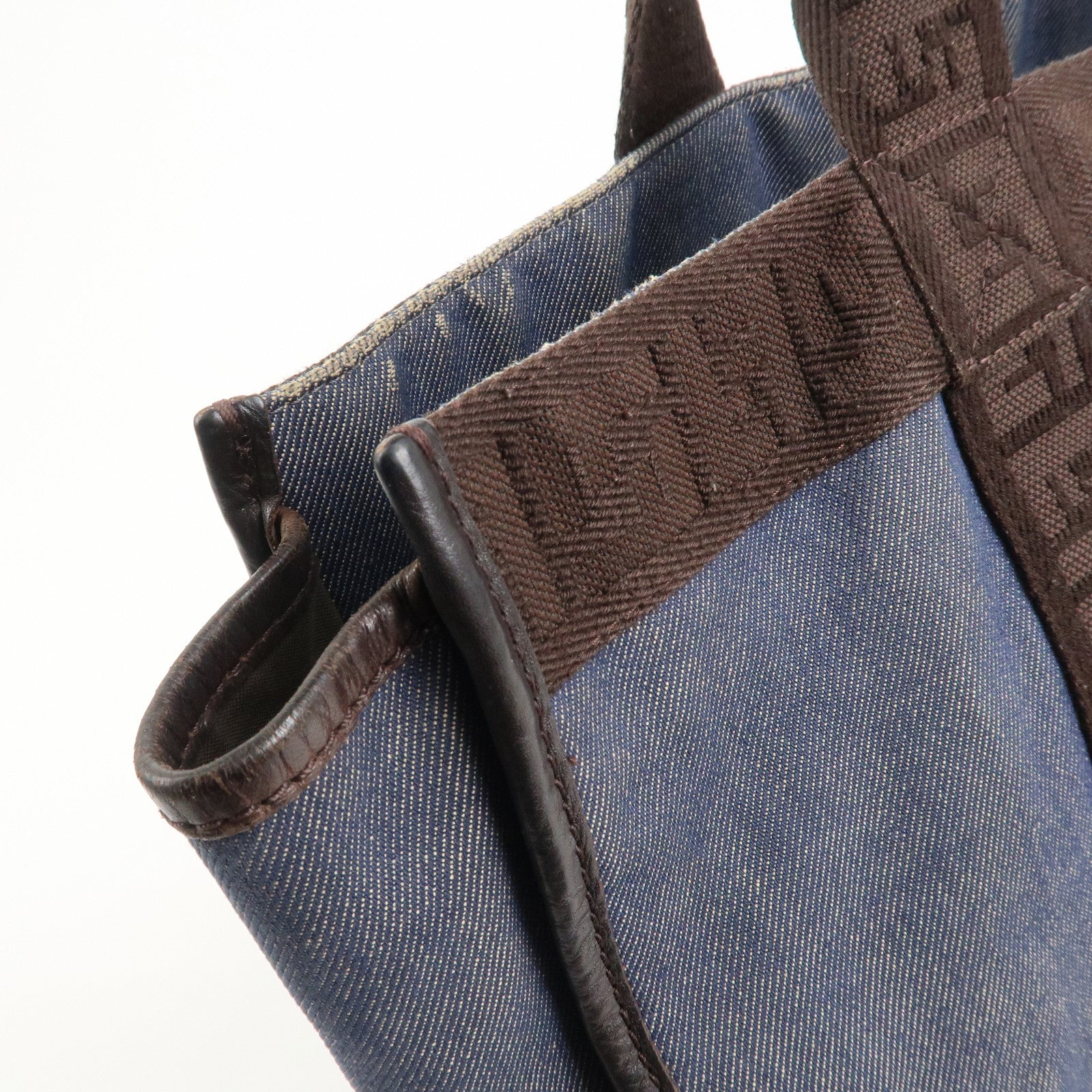 FENDI Denim Tote Bag Shoulder Bag Navy Brown 8BH165