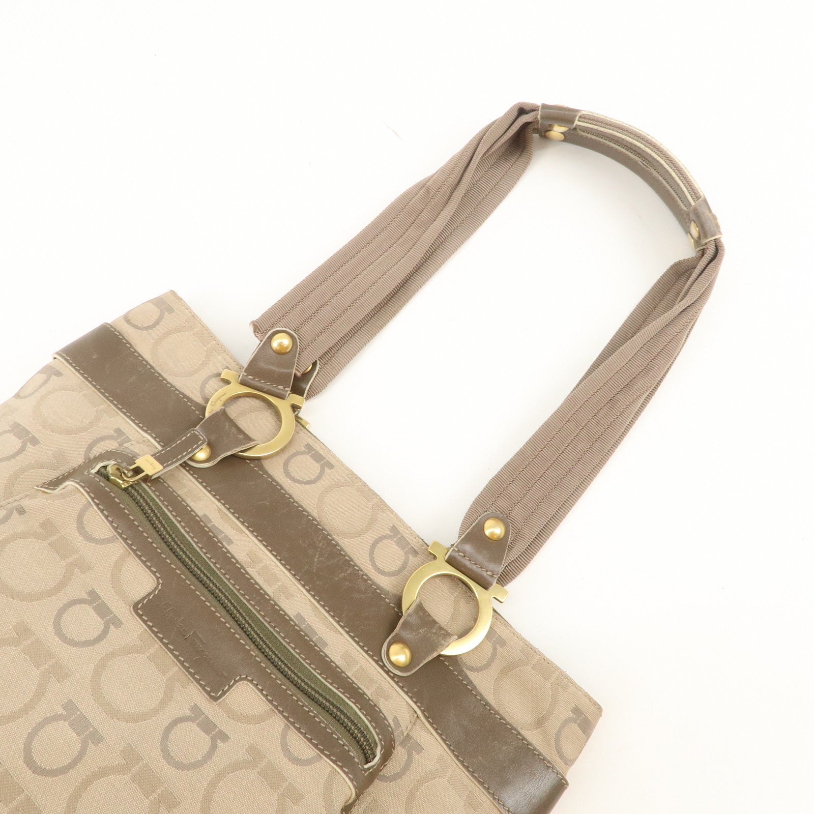 Ferragamo Gancini Canvas Leather Shoulder Bag Tote Bag Brown