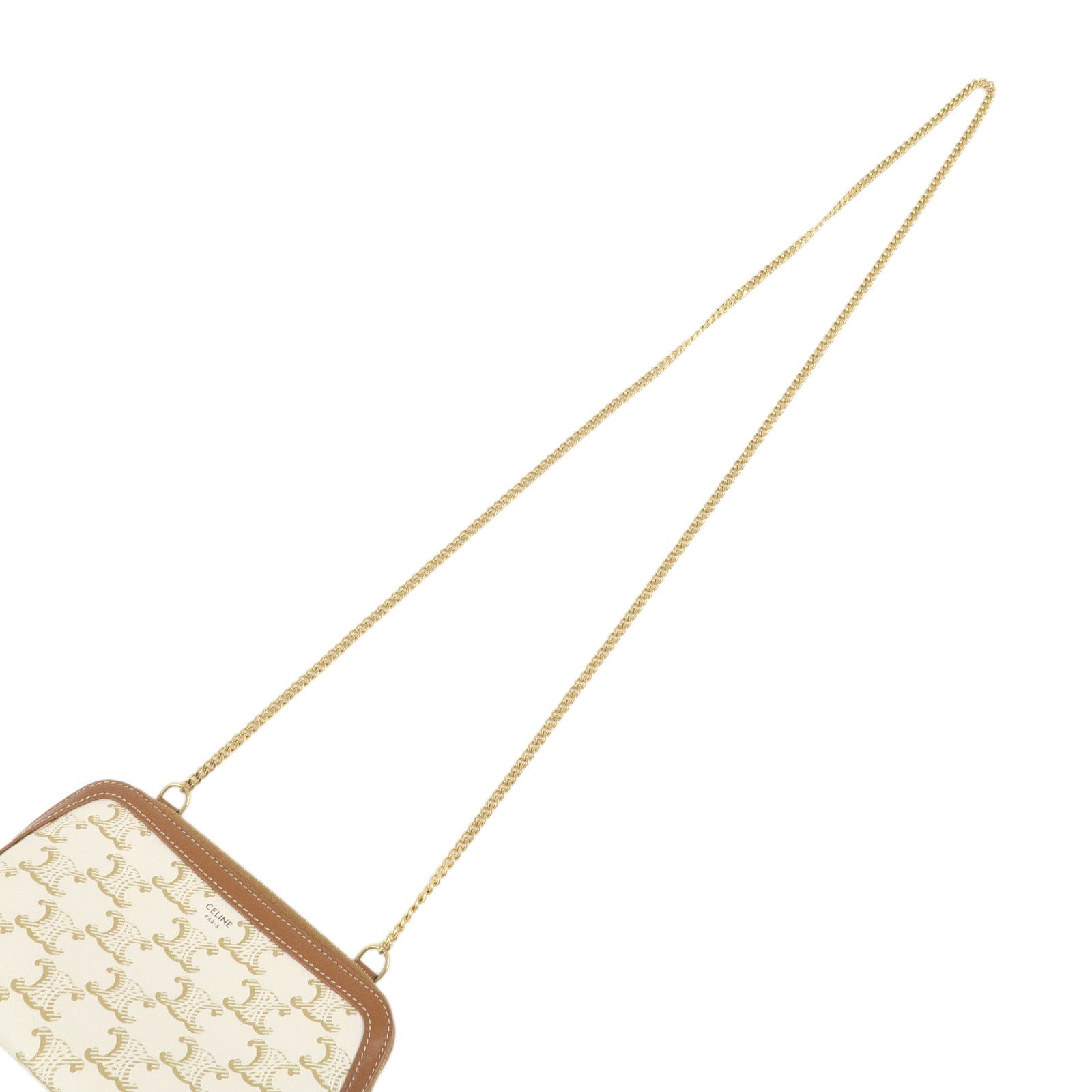 CELINE Triomphe Canvas Lamb Skin Chain Shoulder Bag Ivory Brown