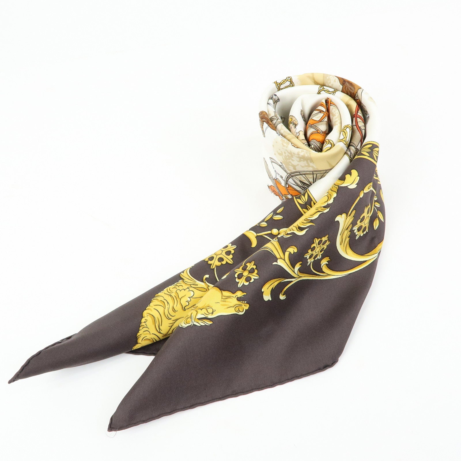 HERMES Carre 90 Silk 100% Scarf LA PROMENADE DE LONGCHAMPS Brown