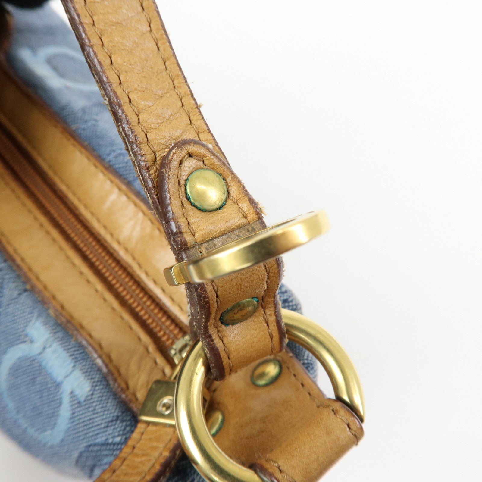 Ferragamo Gancini Canvas Leather Hand Bag Blue Light brown