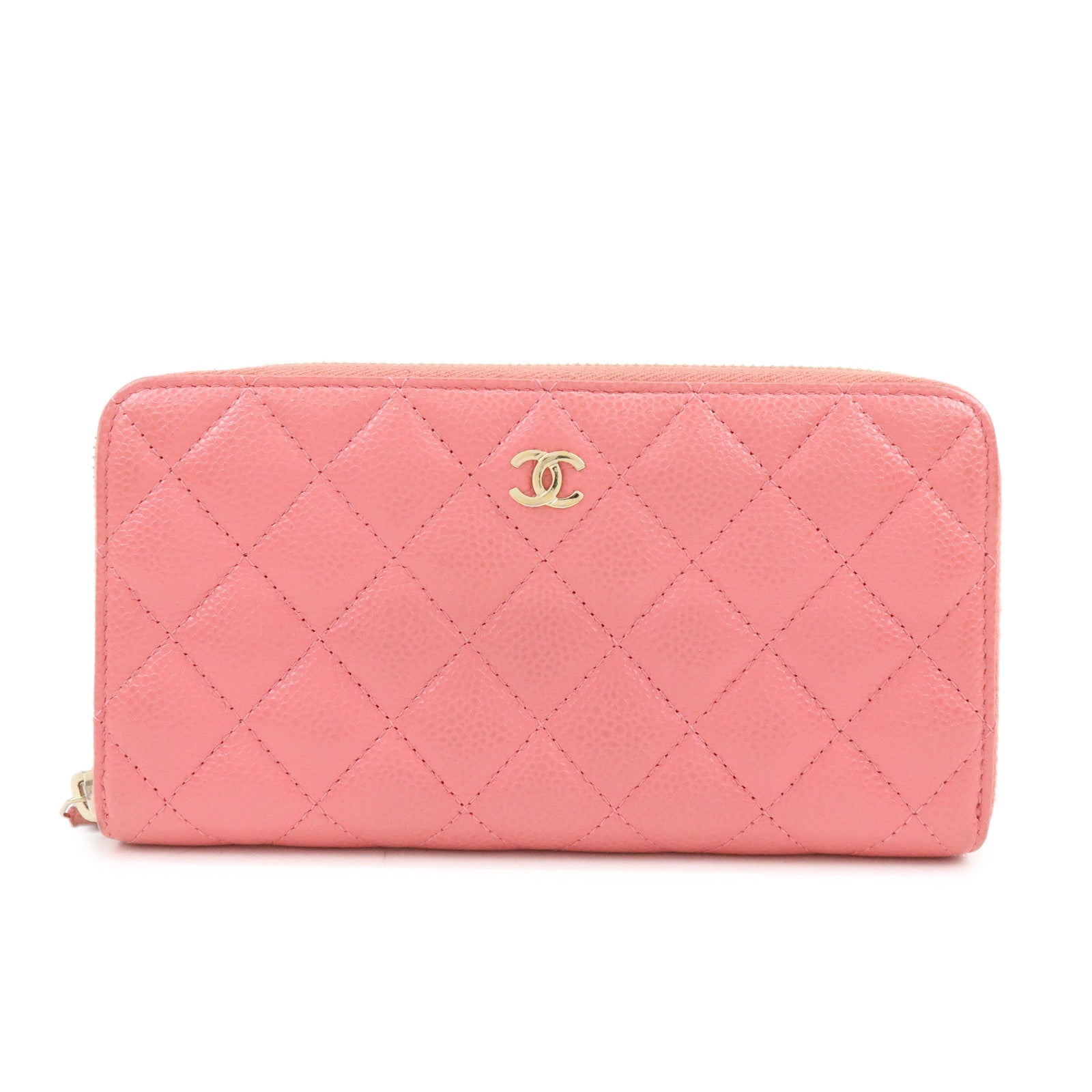 CHANEL Matelasse Caviarskin Round Zippy Long Wallet Pink A82281