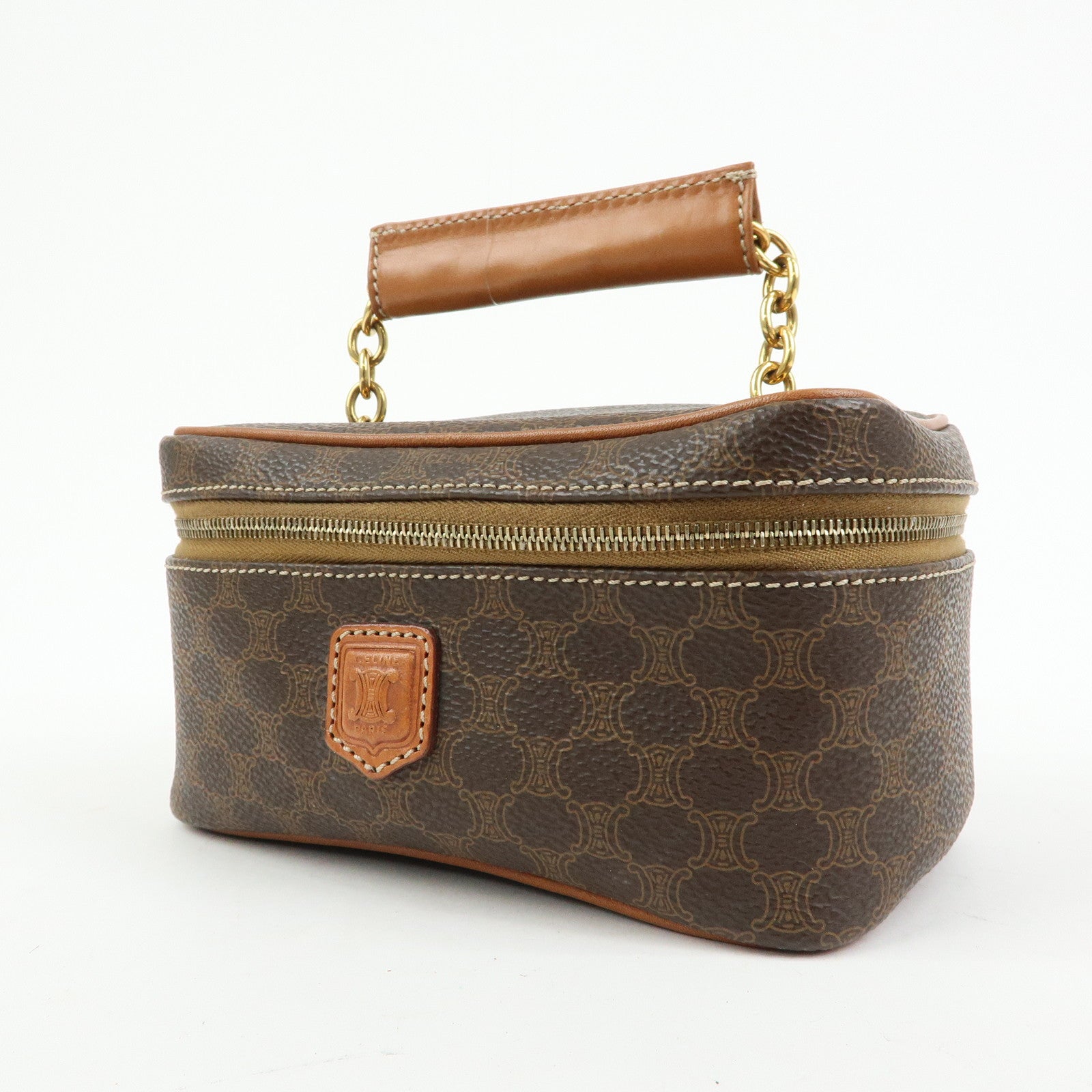 CELINE Macadam PVC Leather Chain Mini Hand Bag Vanity Bag Brown
