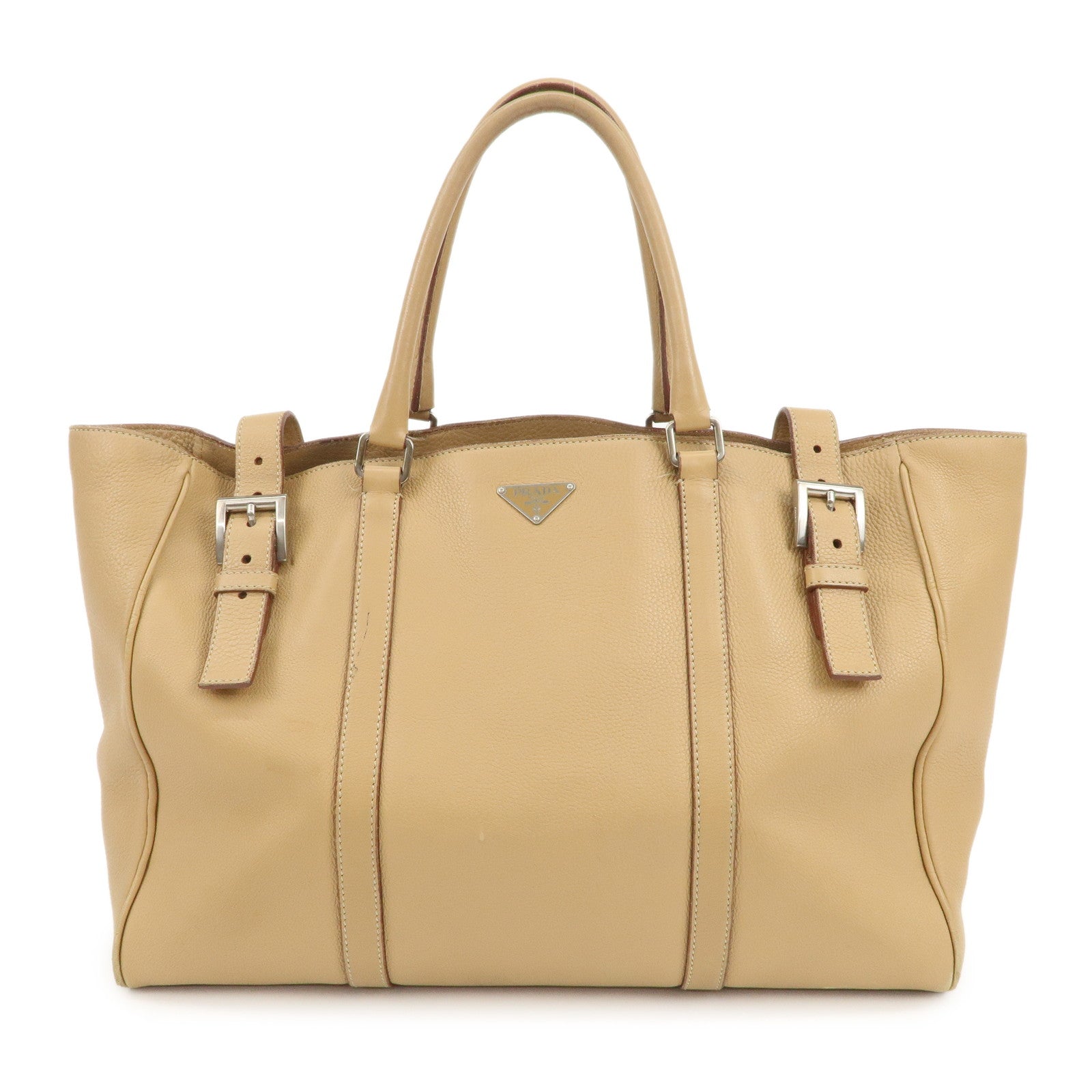 PRADA Triangle Logo Leather Shoulder Bag Hand Bag Beige