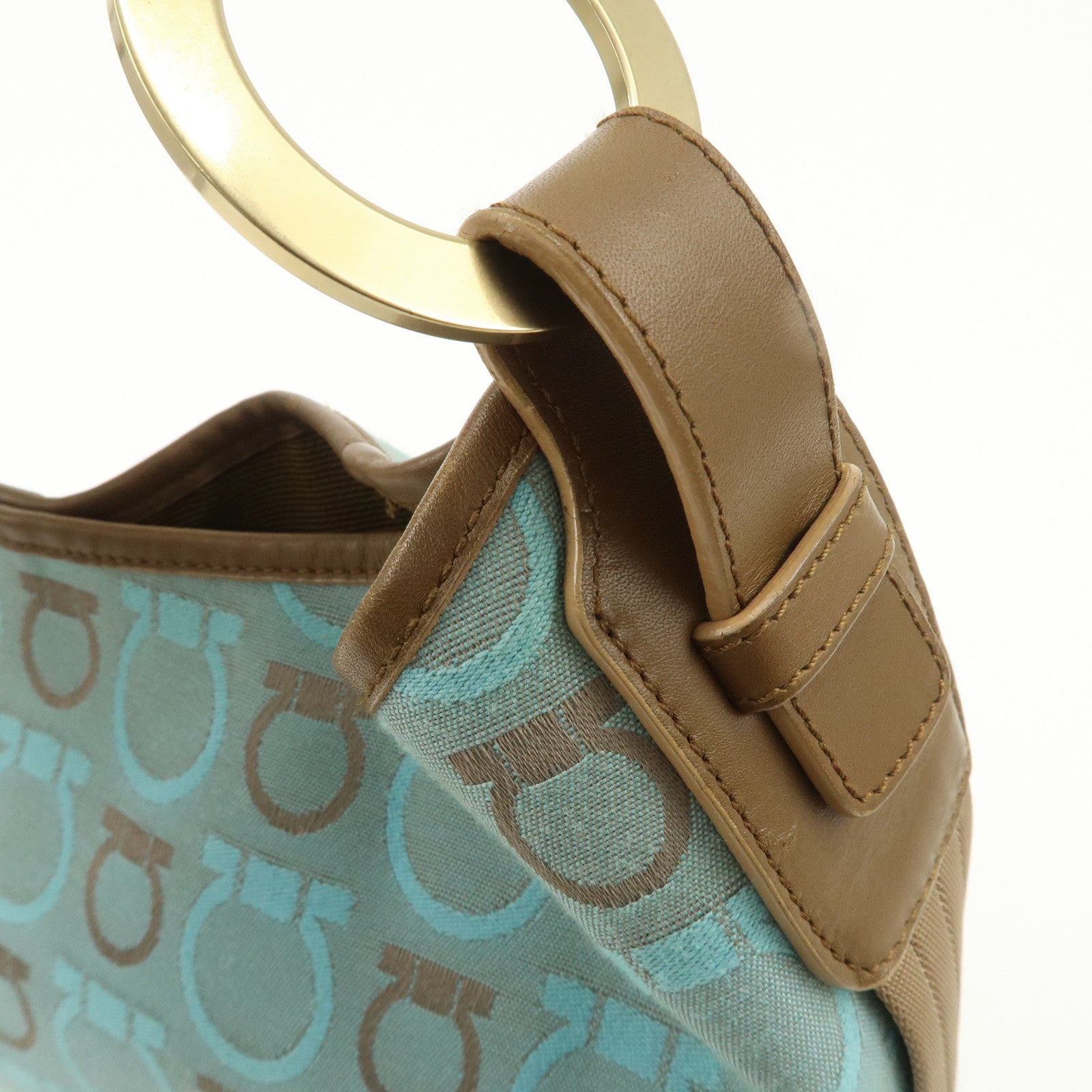 Ferragamo Gancini Canvas Leather Shoulder Bag Light Blue Brown