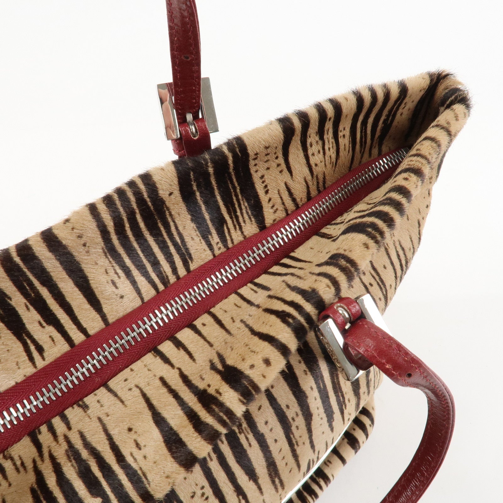 FENDI Leather Unborn Calf Tote Bag Hand Bag Zebra Brown Red Used