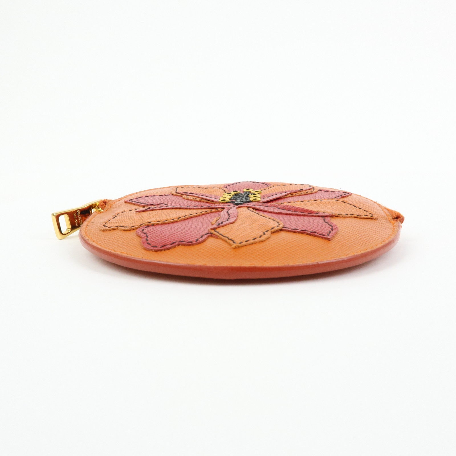 PRADA Saffiano Leather Flower Motif Round Coin Case Orange 1M1400