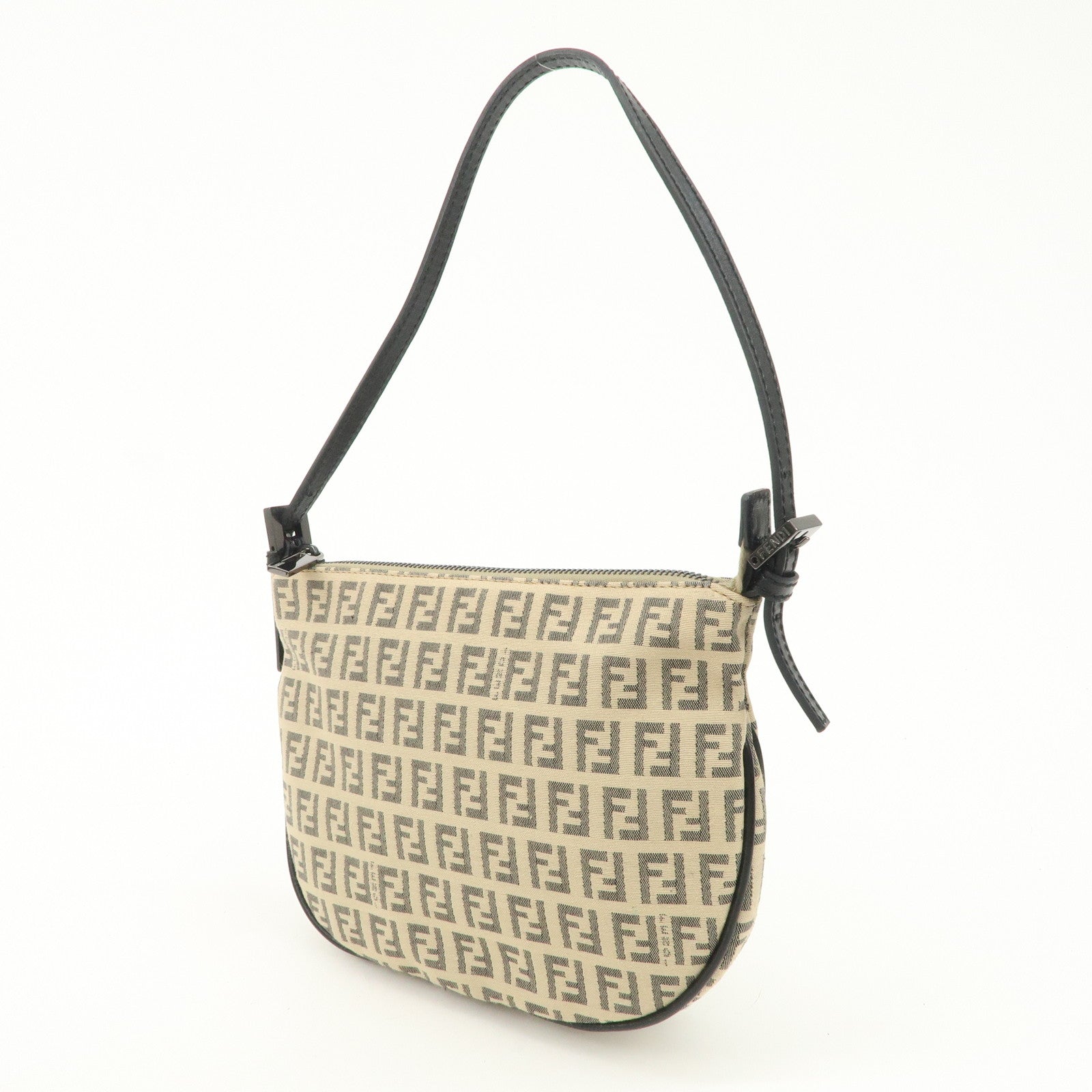 FENDI Zucchino Canvas Leather Shoulder Bag Beige Black 8BR312