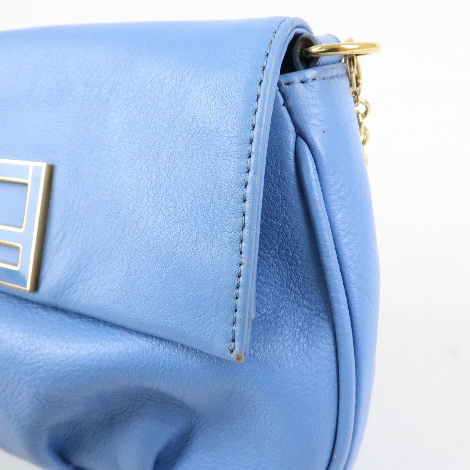 FENDI Leather Chain Shoulder Bag Crossbody Bag Light Blue 8M0276