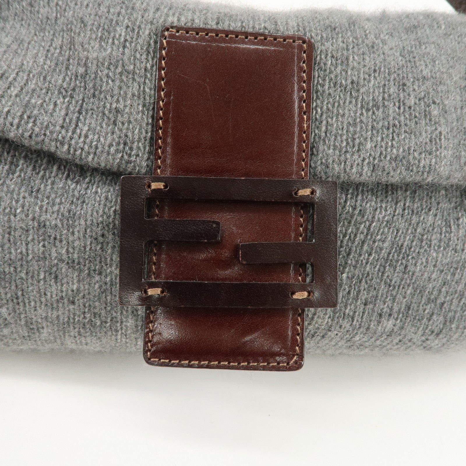 FENDI Mamma Baguette Wool Leather Shoulder Bag Brown Gray 26424