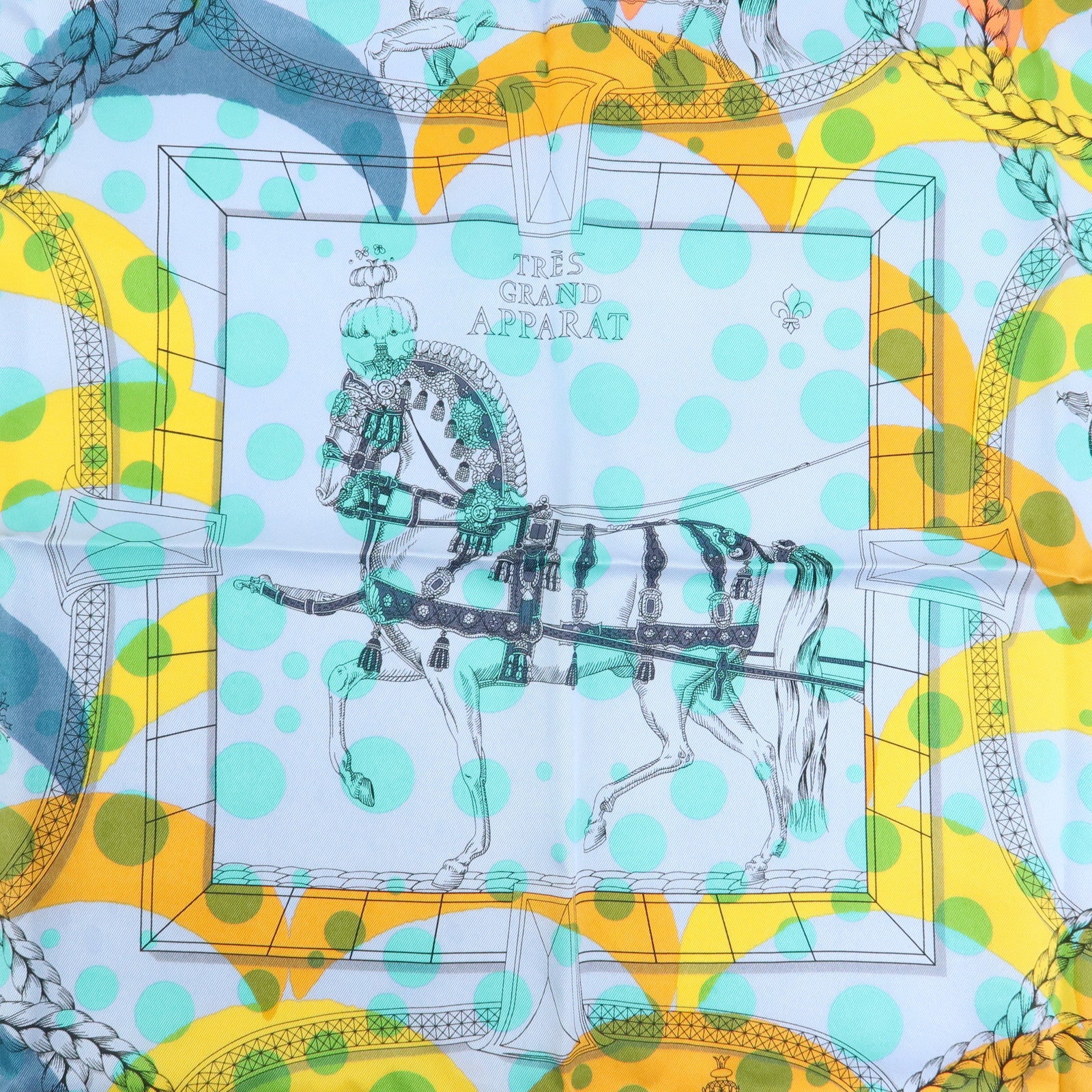 HERMES Carre 70 Silk 100% Scarf Tres Grand Apparat Blue Yellow