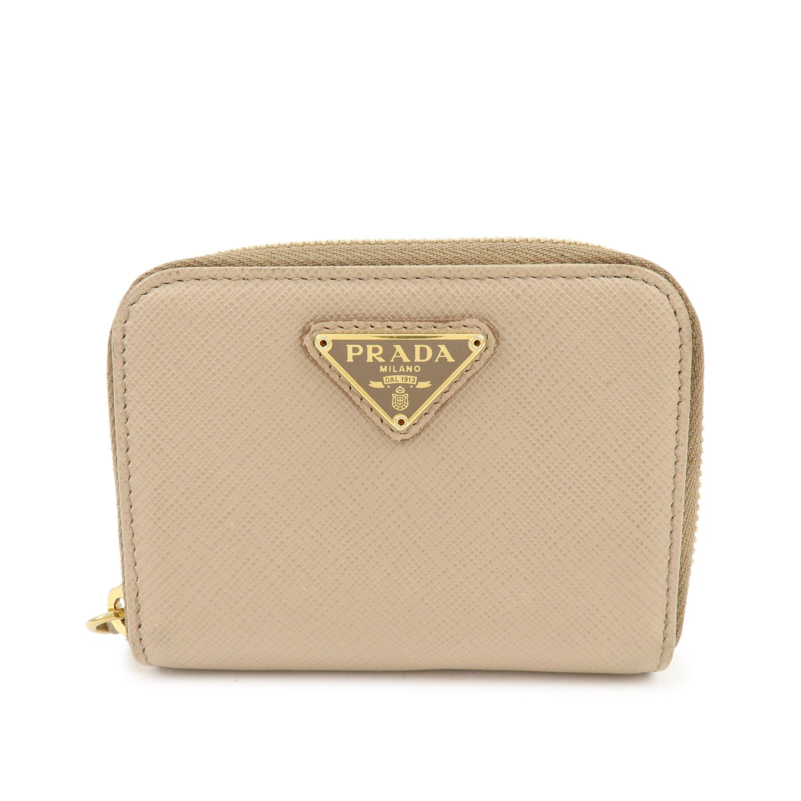 PRADA Triangle Logo Saffiano Leather Round Zippy Compact Wallet